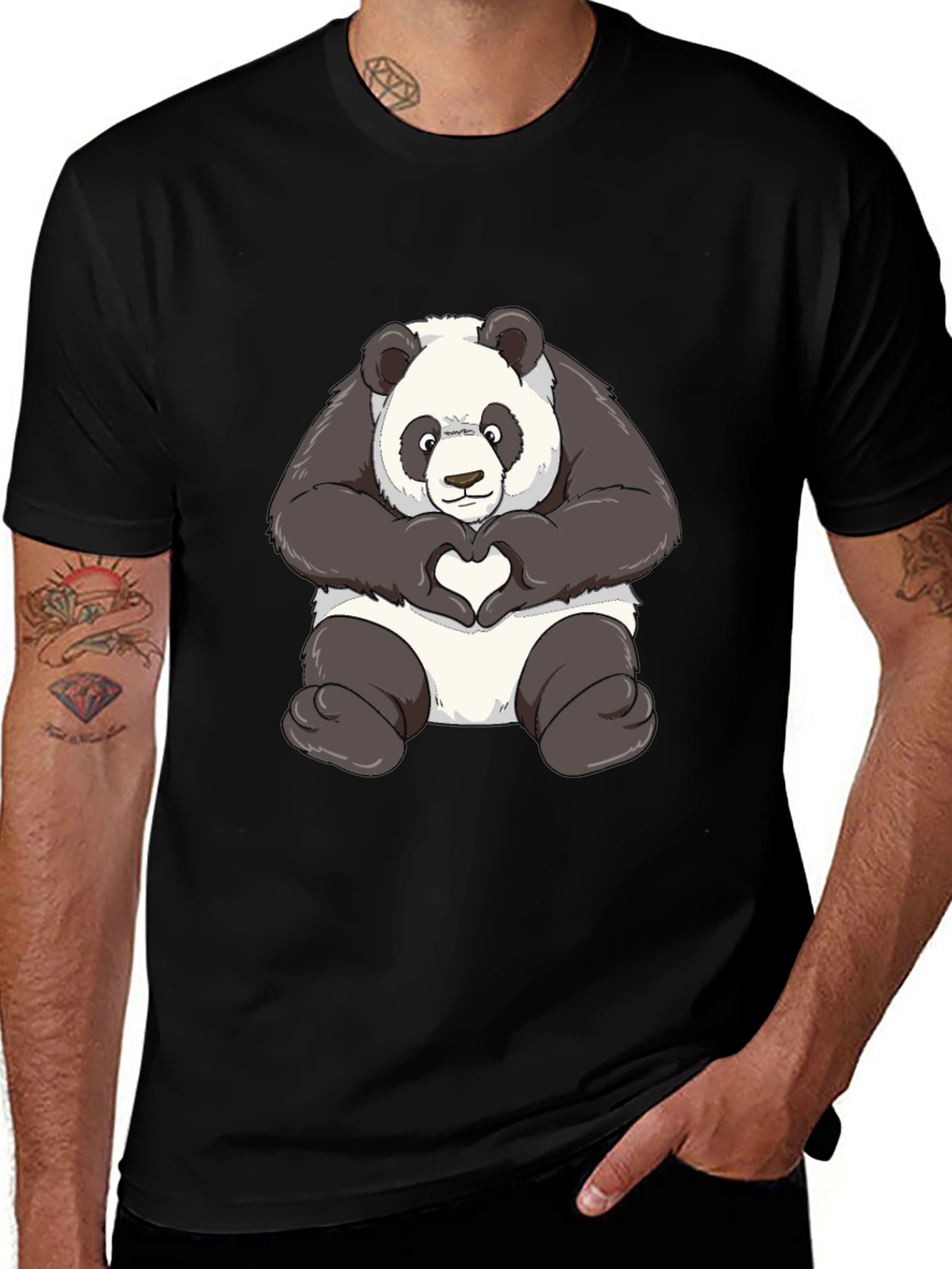 Panda Heart Hands Graphic T-Shirt - Black
