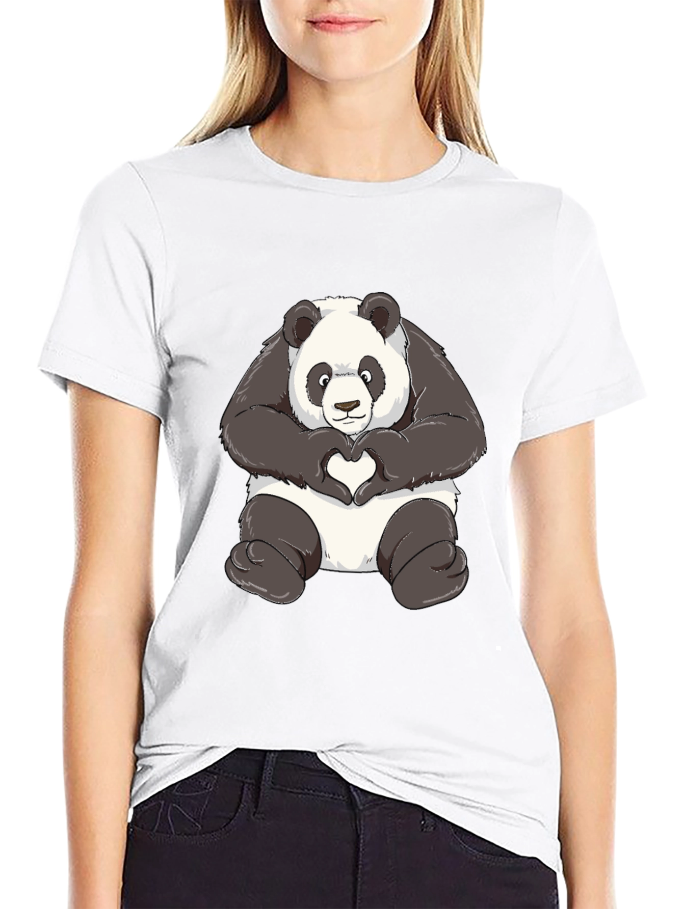 Panda Heart Hands Graphic T-Shirt - Black