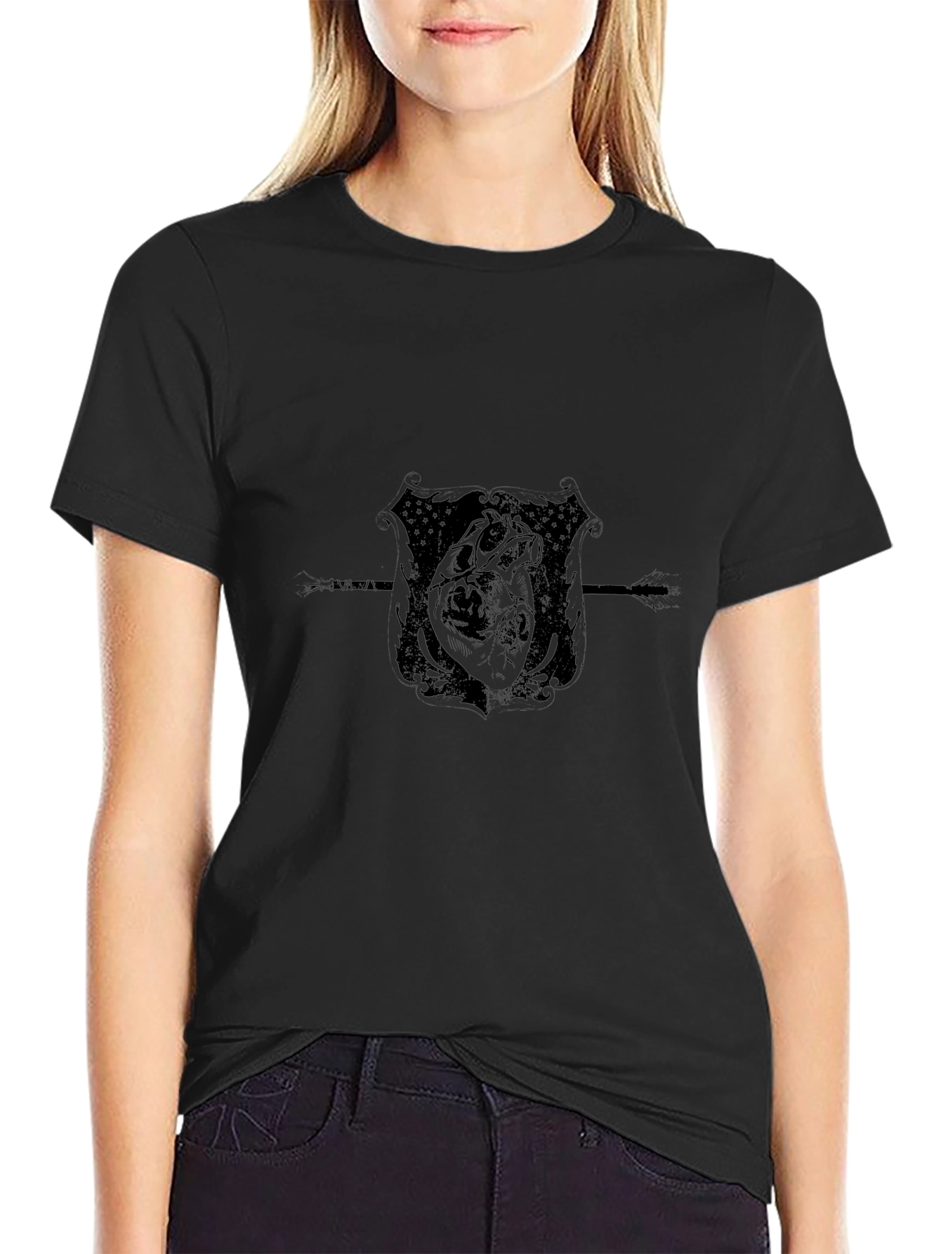 Mens Black T-Shirt with Heart Crest Design