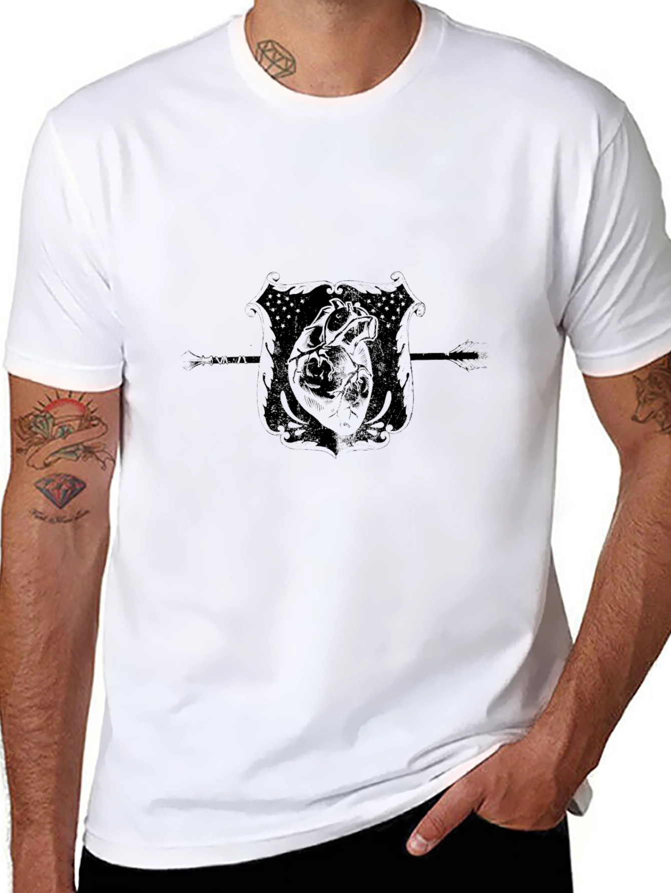 Mens Black T-Shirt with Heart Crest Design