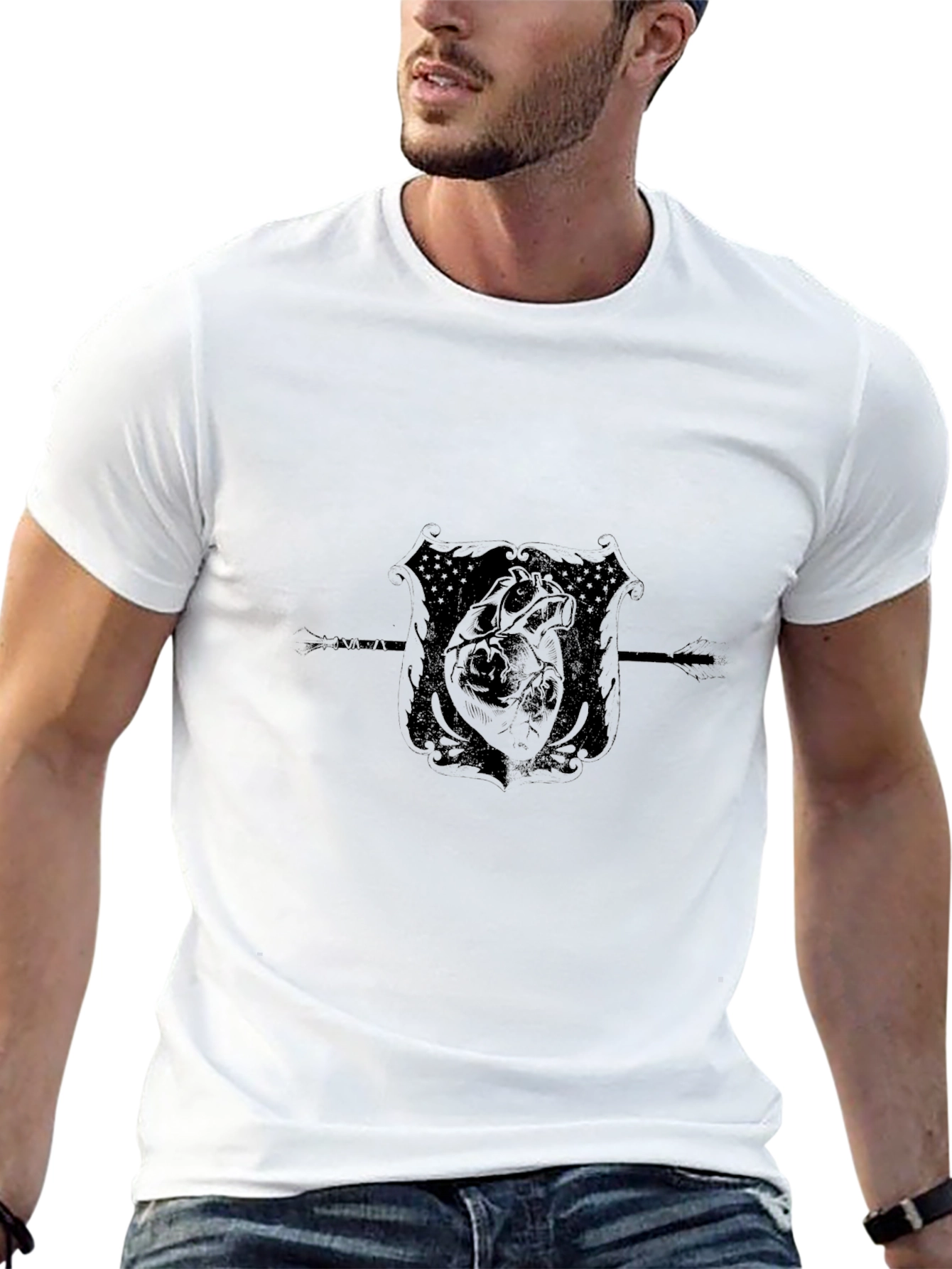 Mens Black T-Shirt with Heart Crest Design