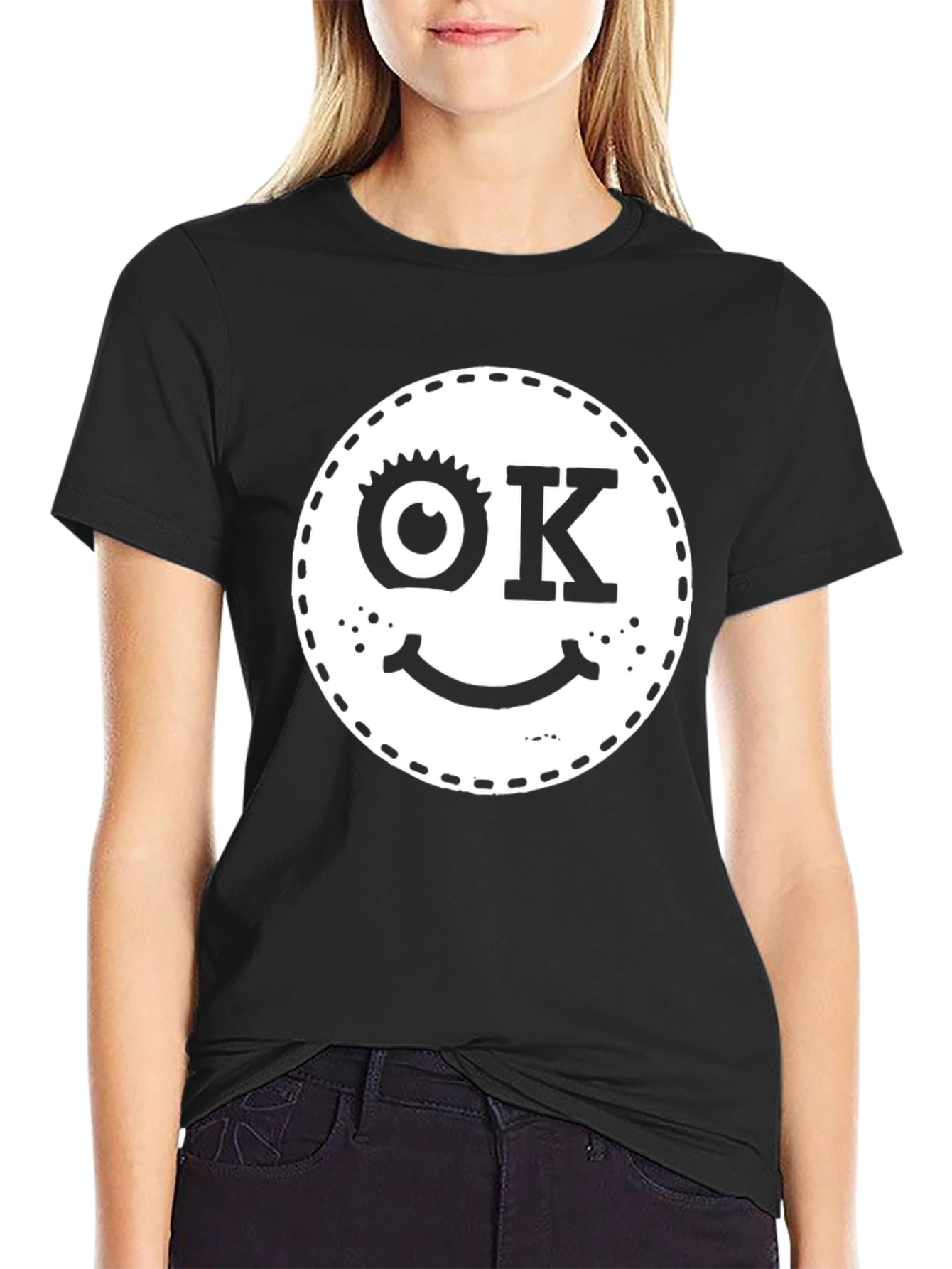 Funny OK Smiley Face Graphic Black T-Shirt