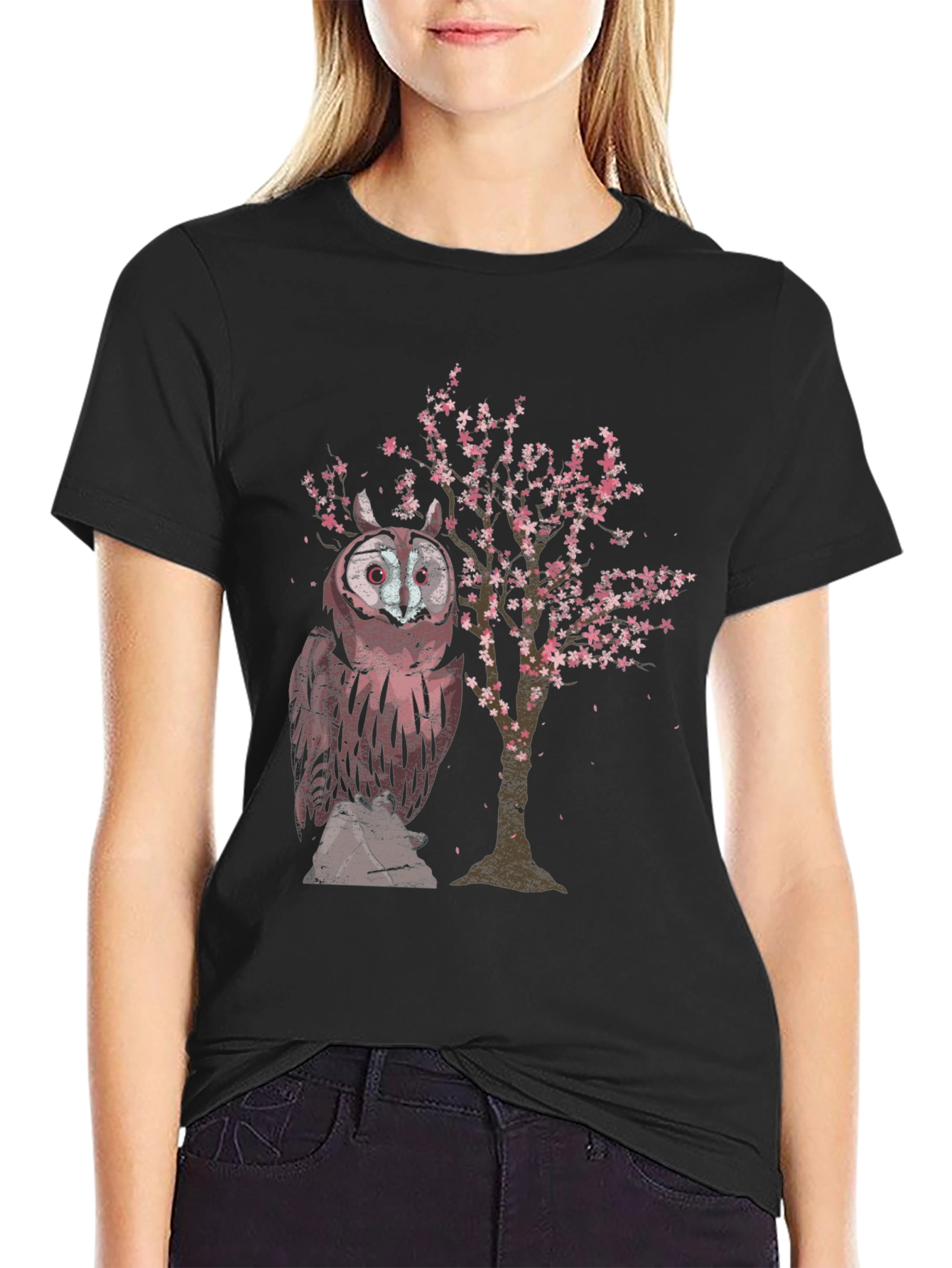 Owl & Cherry Blossom Tree Graphic T-Shirt