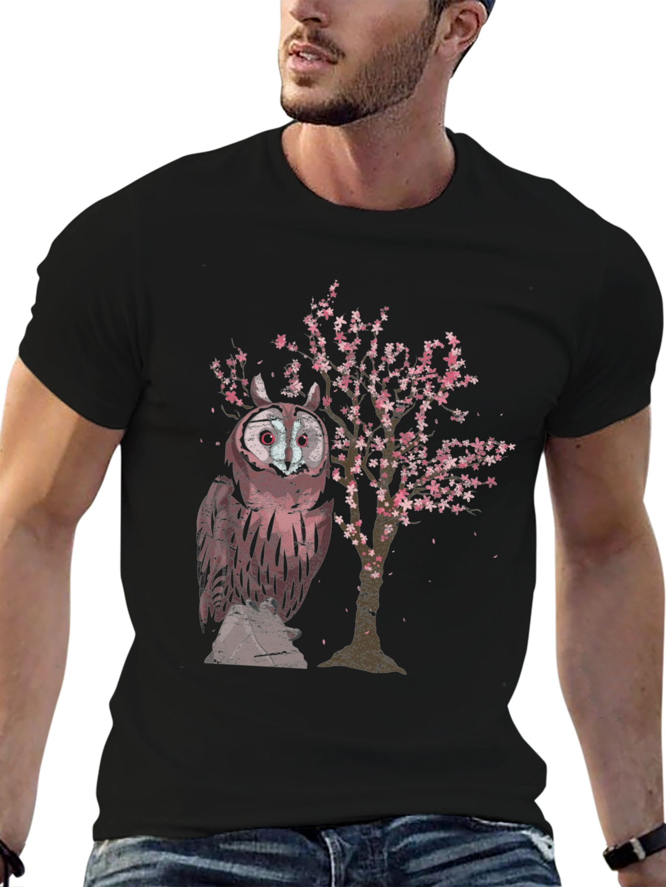 Owl & Cherry Blossom Tree Graphic T-Shirt