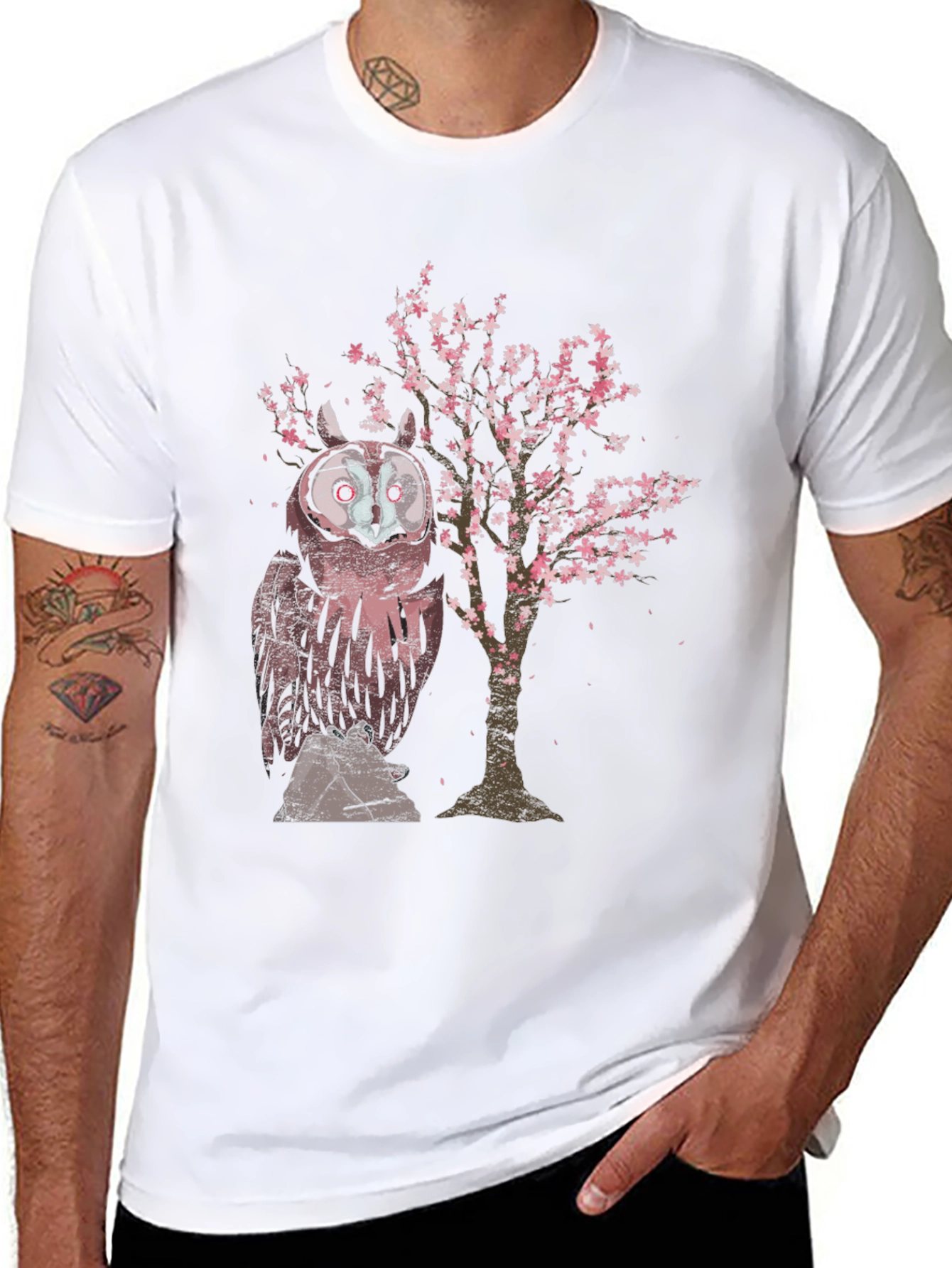 Owl & Cherry Blossom Tree Graphic T-Shirt