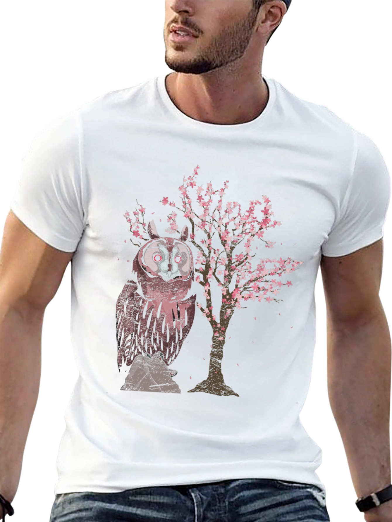 Owl & Cherry Blossom Tree Graphic T-Shirt