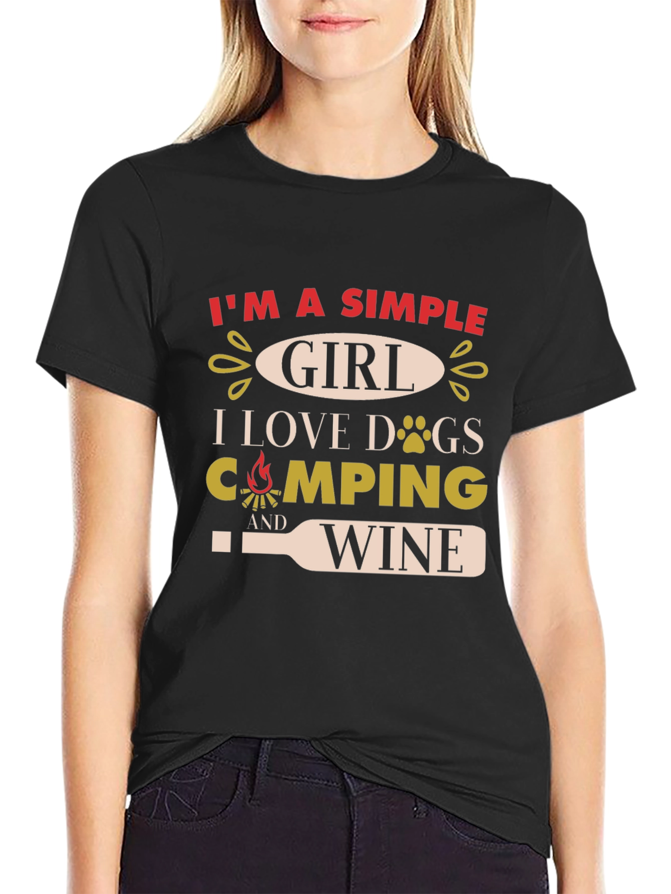 Simple Girl T-Shirt: Dogs Camping & Wine Graphic Tee