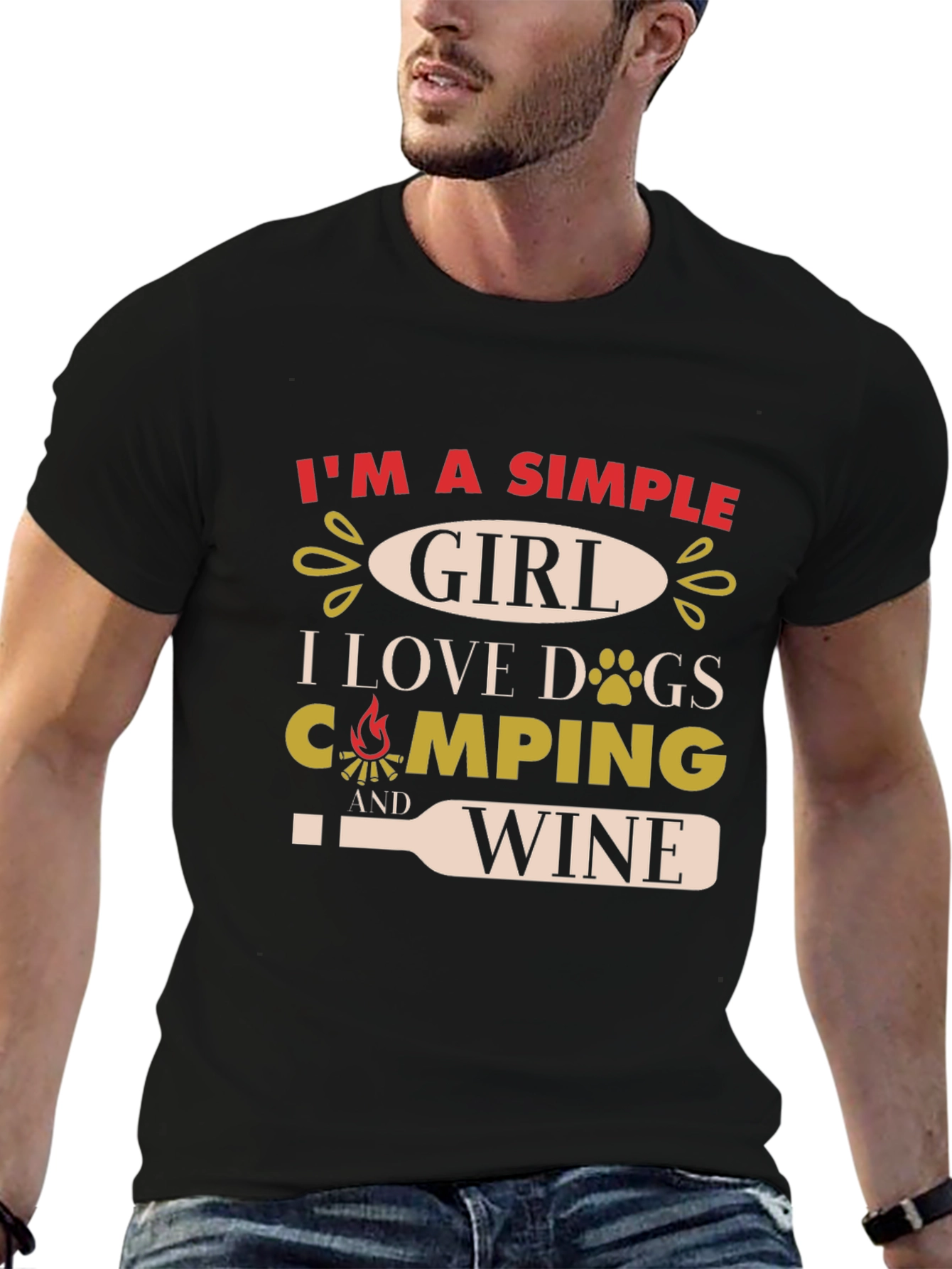 Simple Girl T-Shirt: Dogs Camping & Wine Graphic Tee