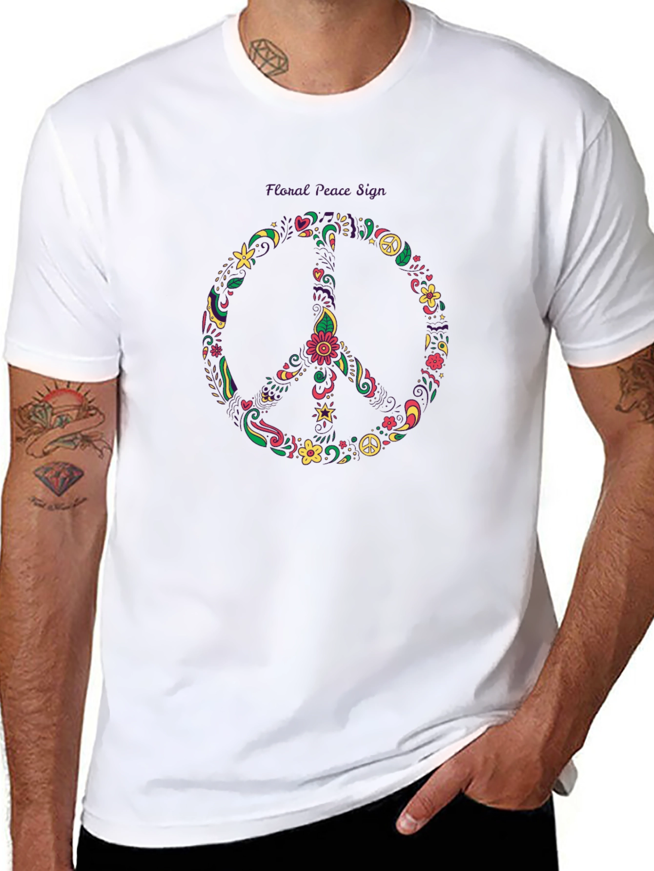 Floral Peace Sign Black T-Shirt