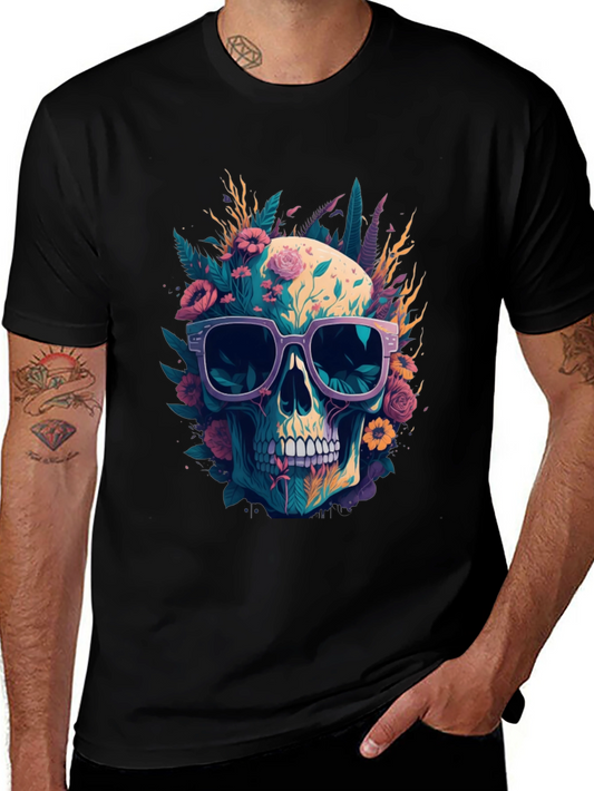 Floral Skull Tee - Trendy Graphic Print