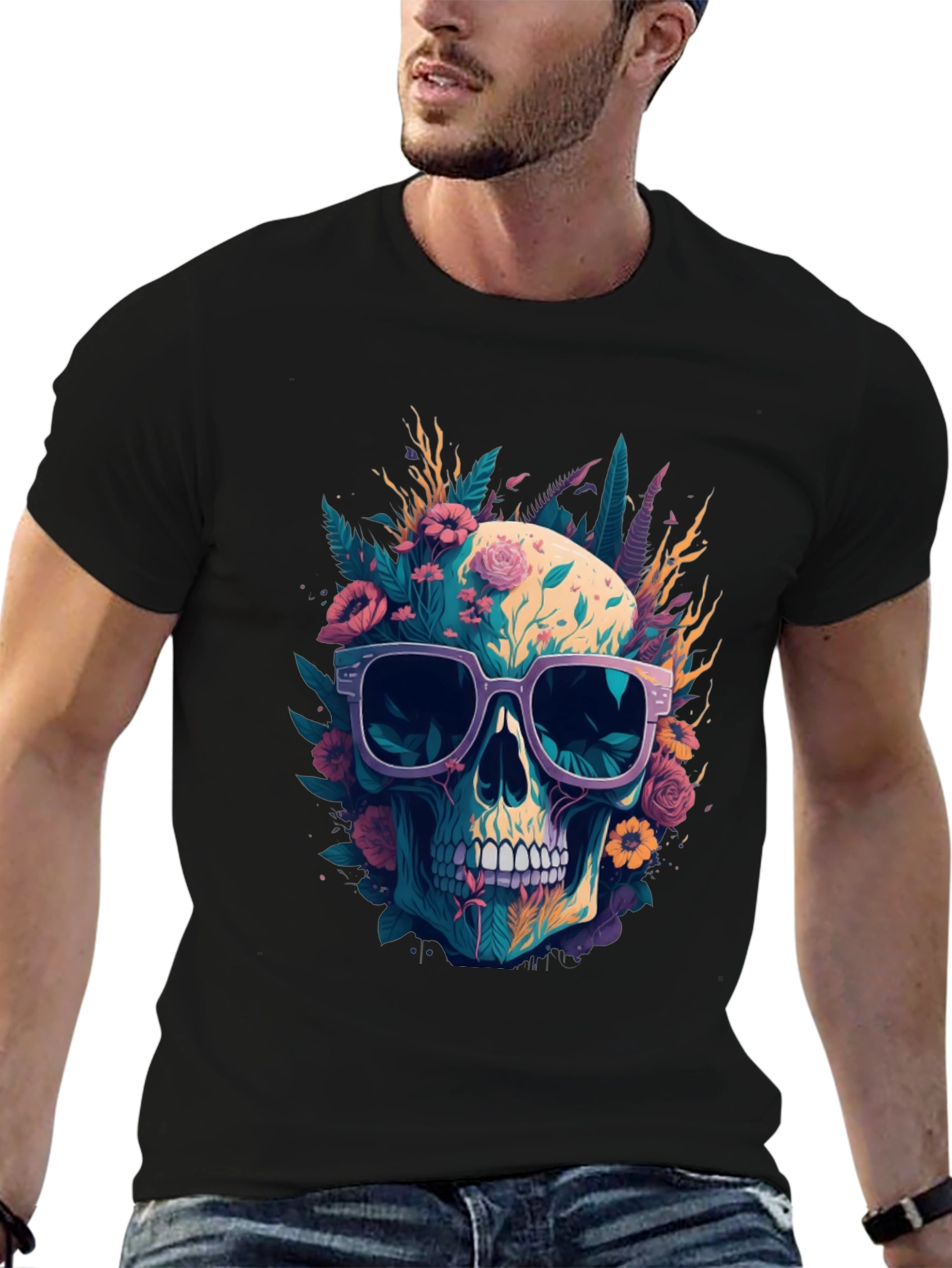 Floral Skull Tee - Trendy Graphic Print