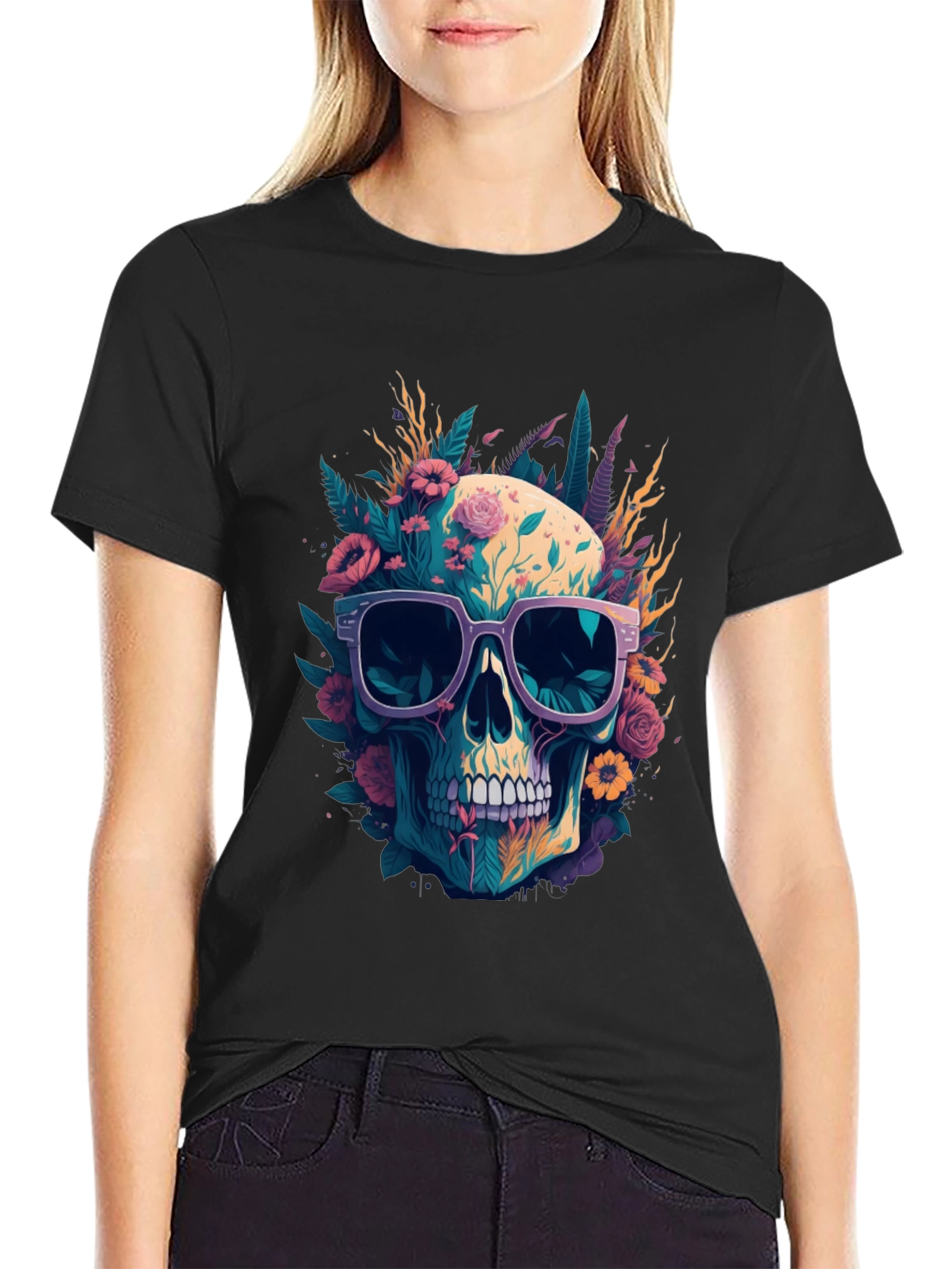 Floral Skull Tee - Trendy Graphic Print