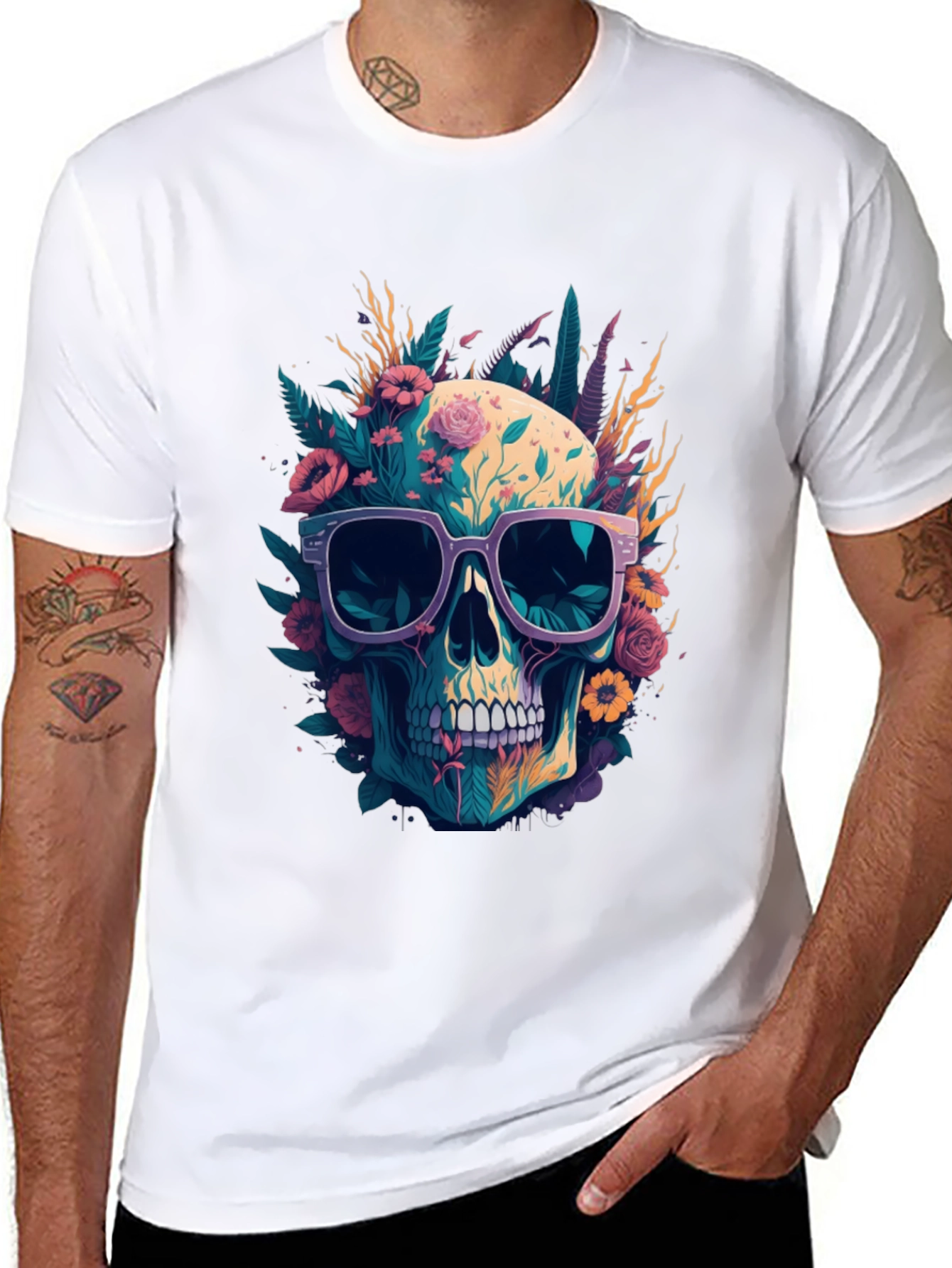 Floral Skull Tee - Trendy Graphic Print