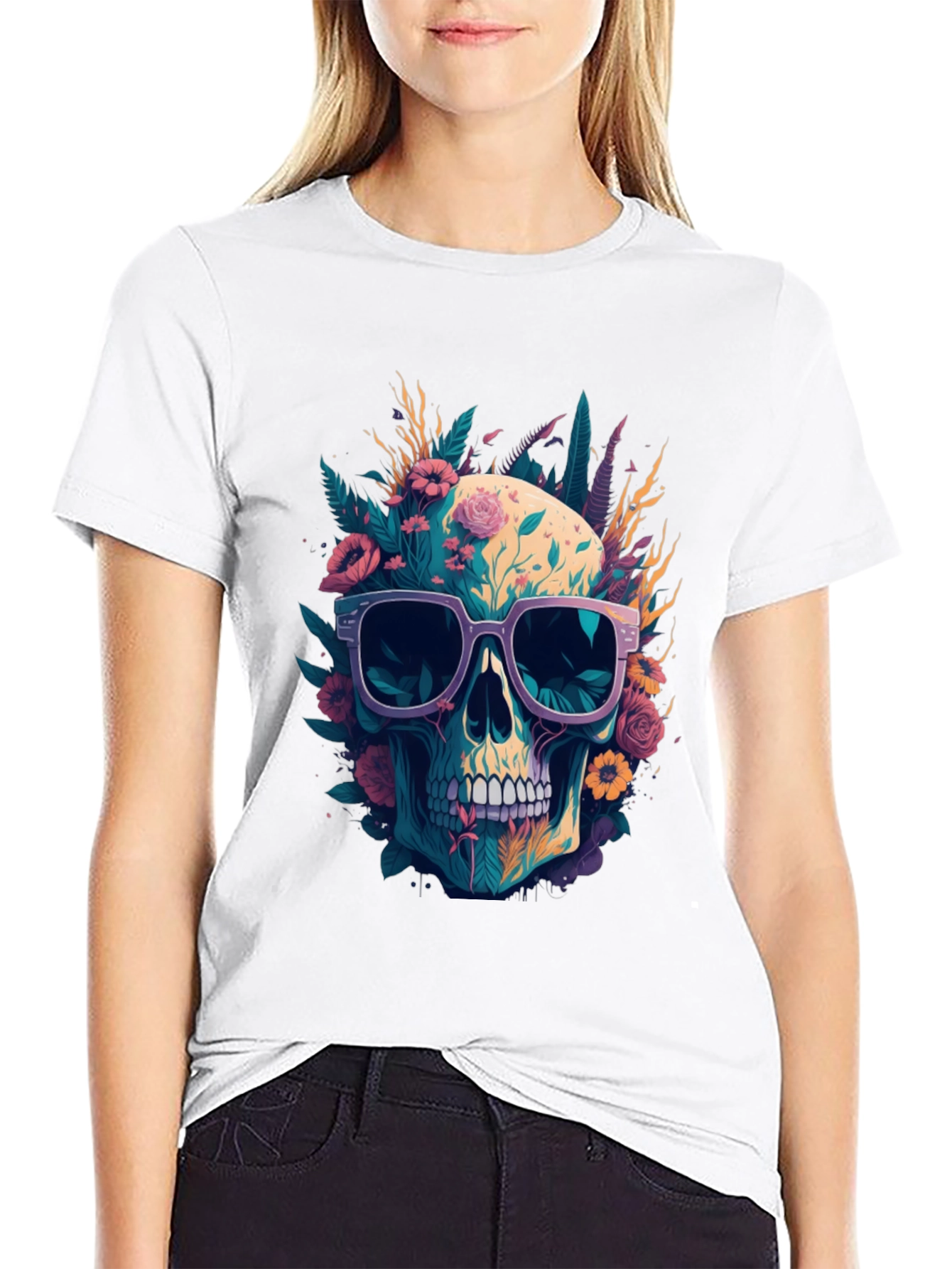 Floral Skull Tee - Trendy Graphic Print