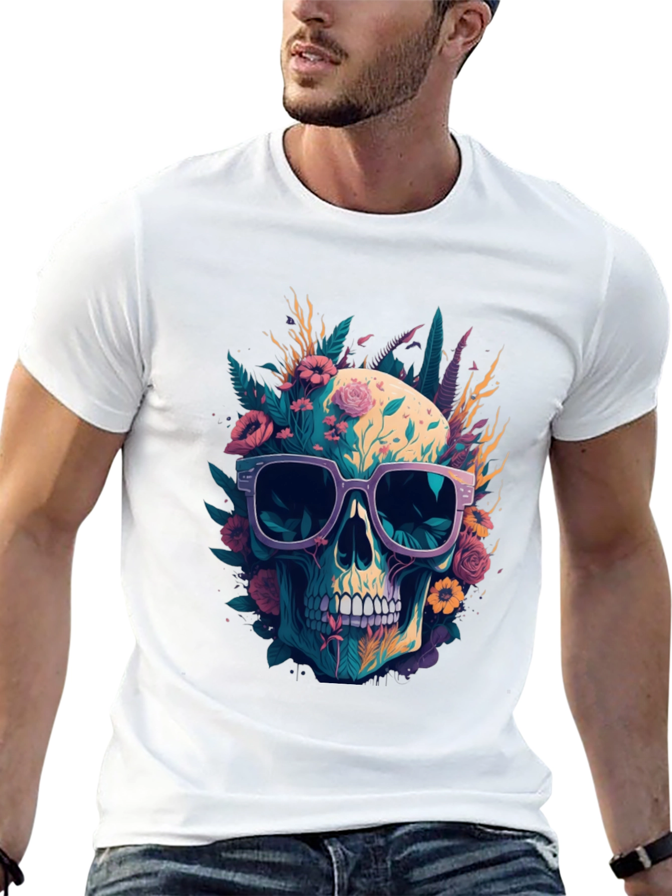 Floral Skull Tee - Trendy Graphic Print