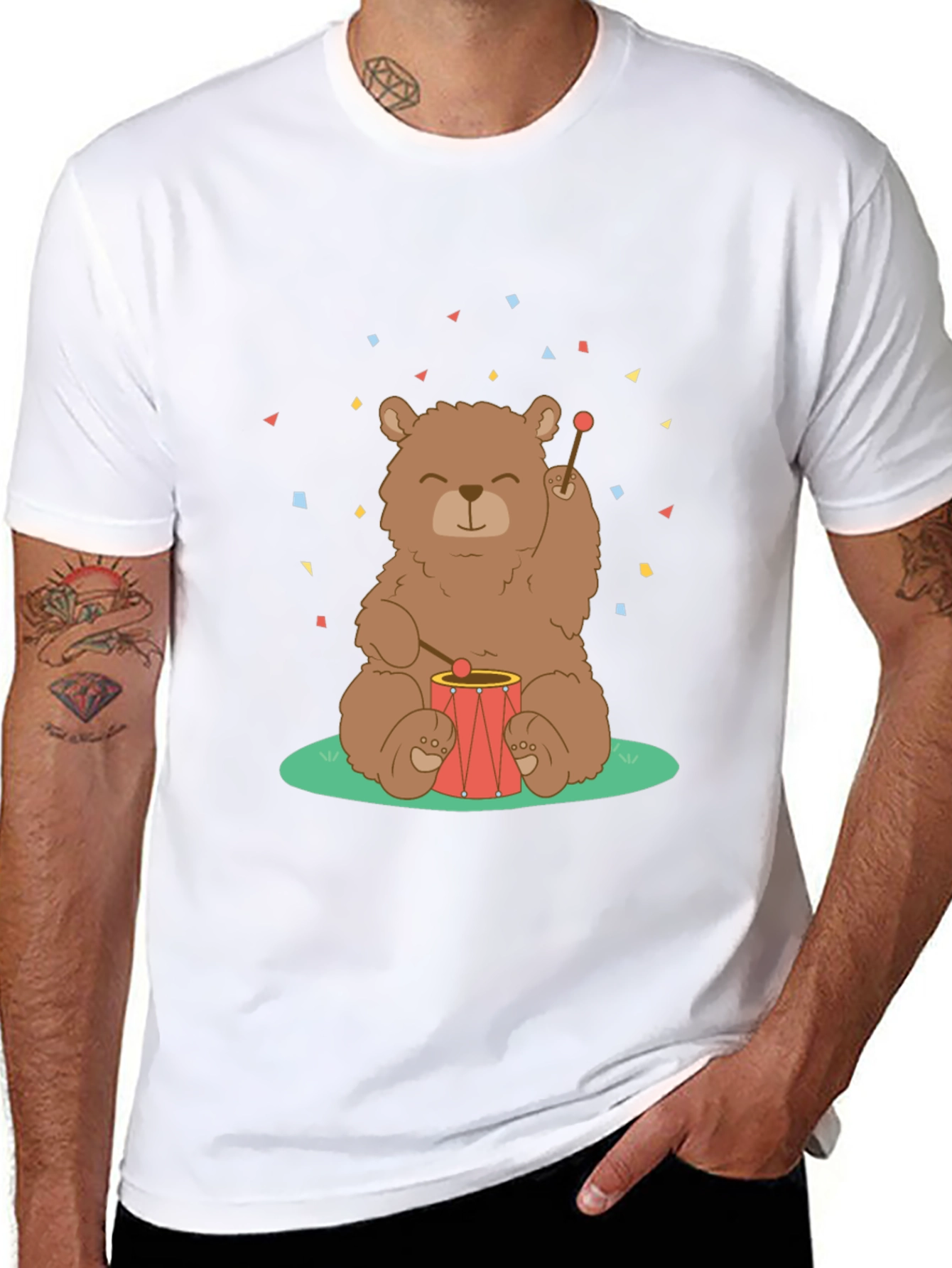 Bear Drummer Graphic T-Shirt - Black Cotton Tee