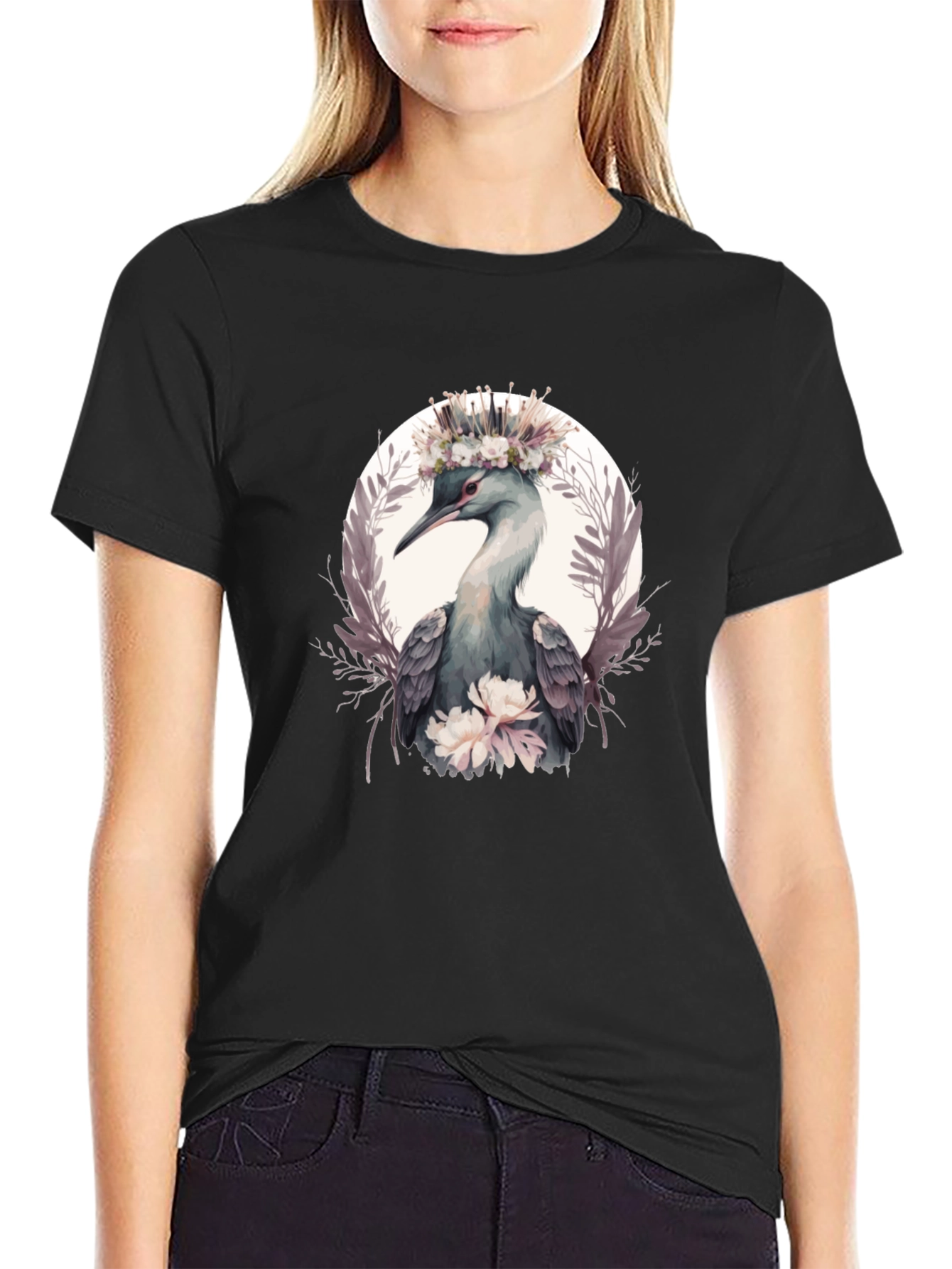 Elegant Bird Floral Crown T-Shirt