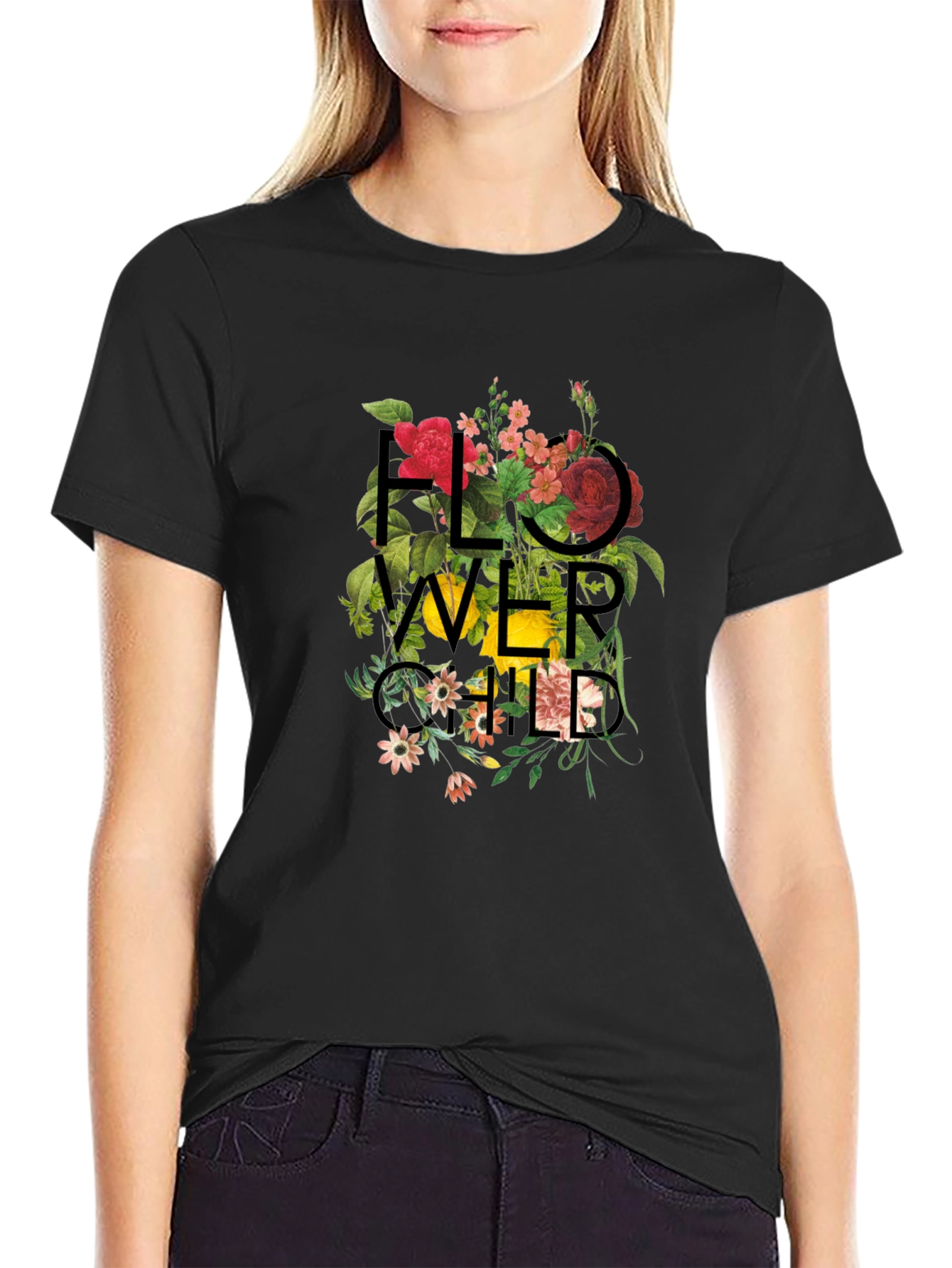 Floral Child Graphic Black T-Shirt