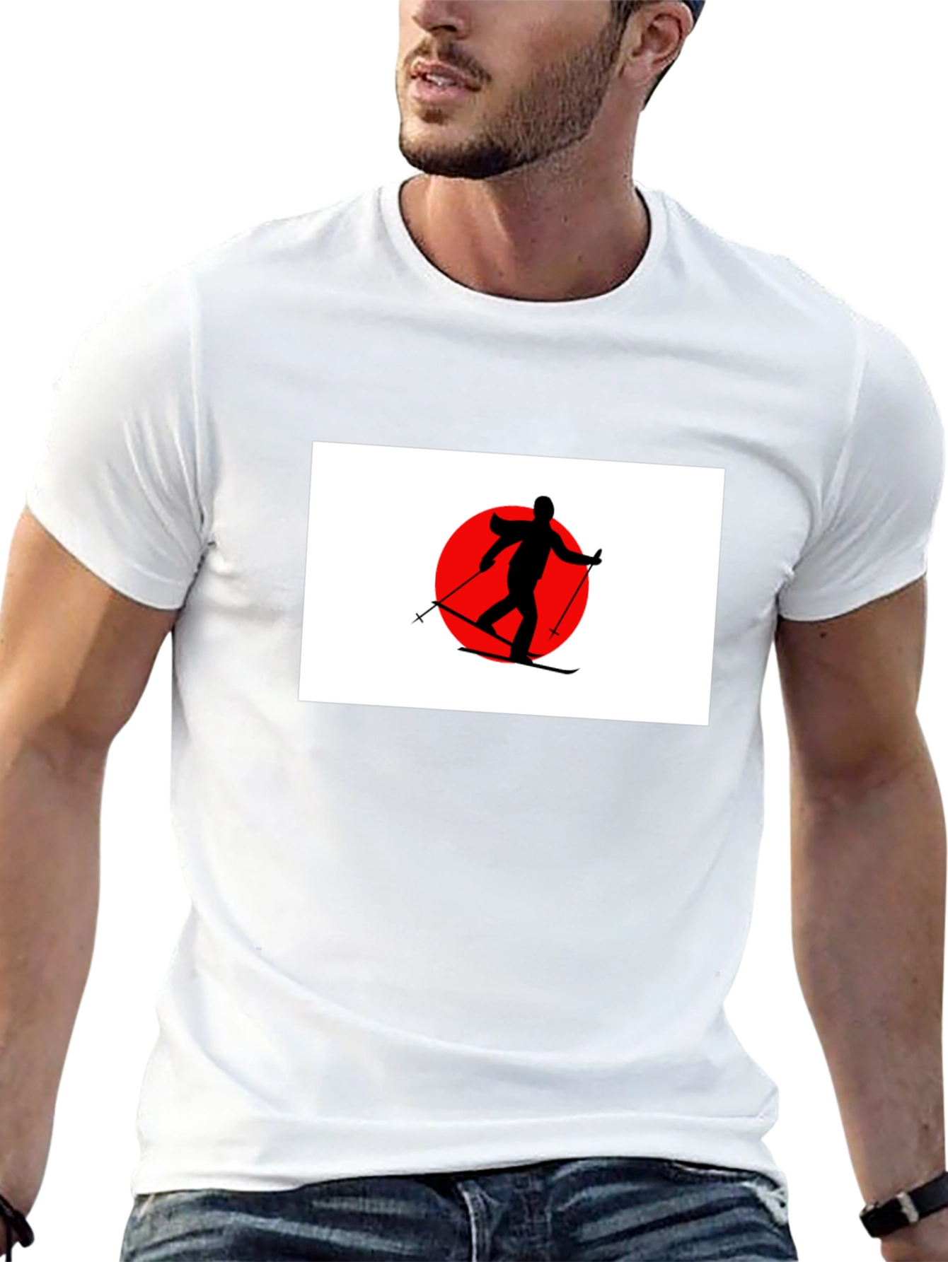 Skier Graphic T-Shirt: Japan Flag Inspired Design