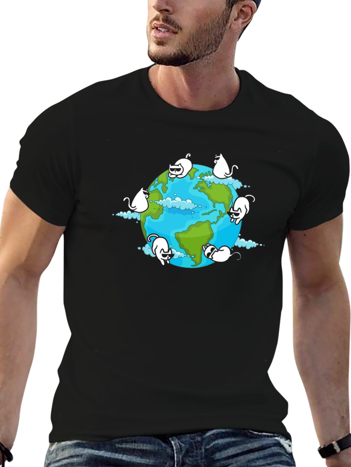 Cat Earth Graphic Black T-Shirt