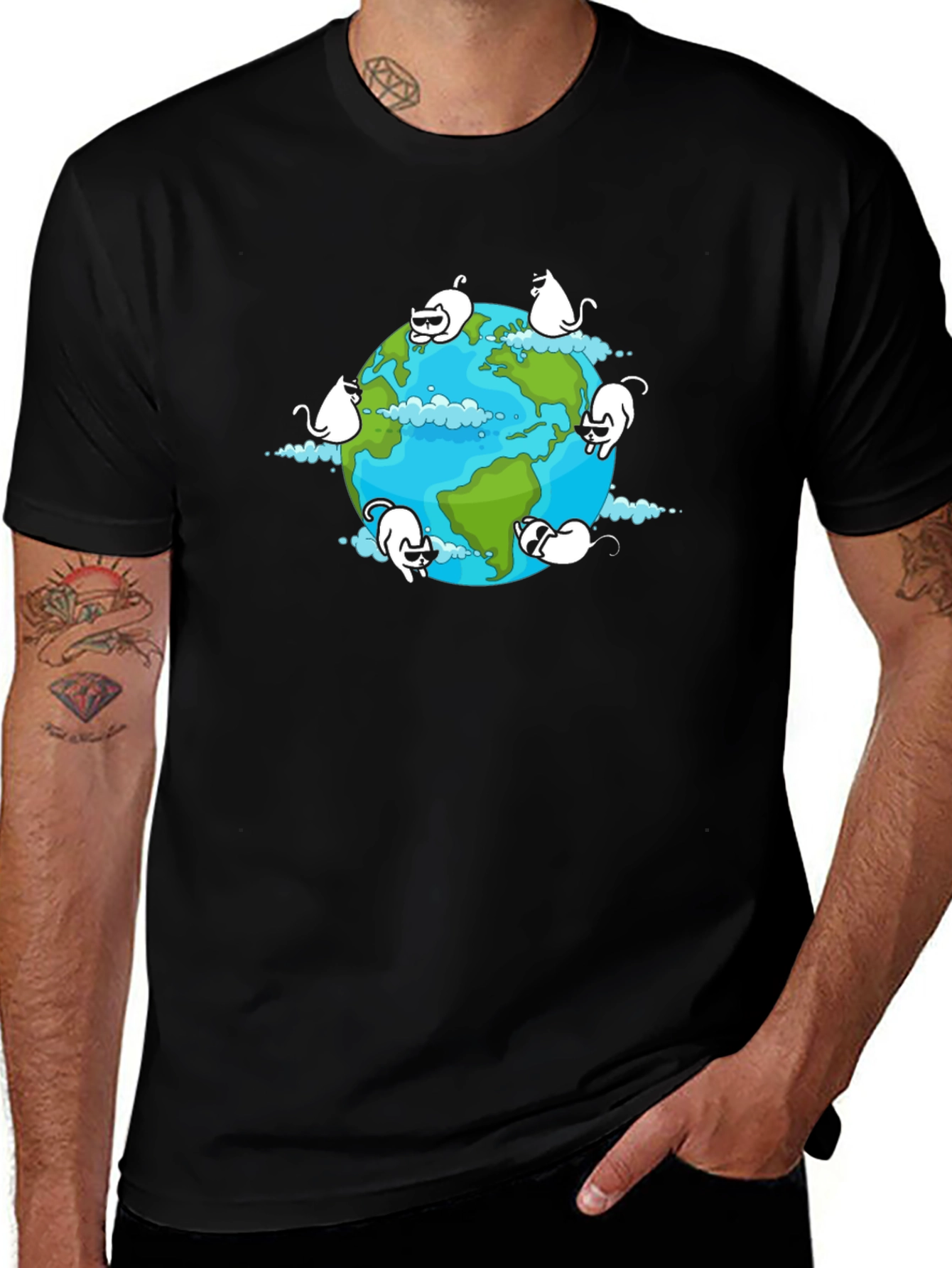 Cat Earth Graphic Black T-Shirt