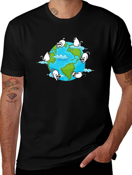 Cat Earth Graphic Black T-Shirt