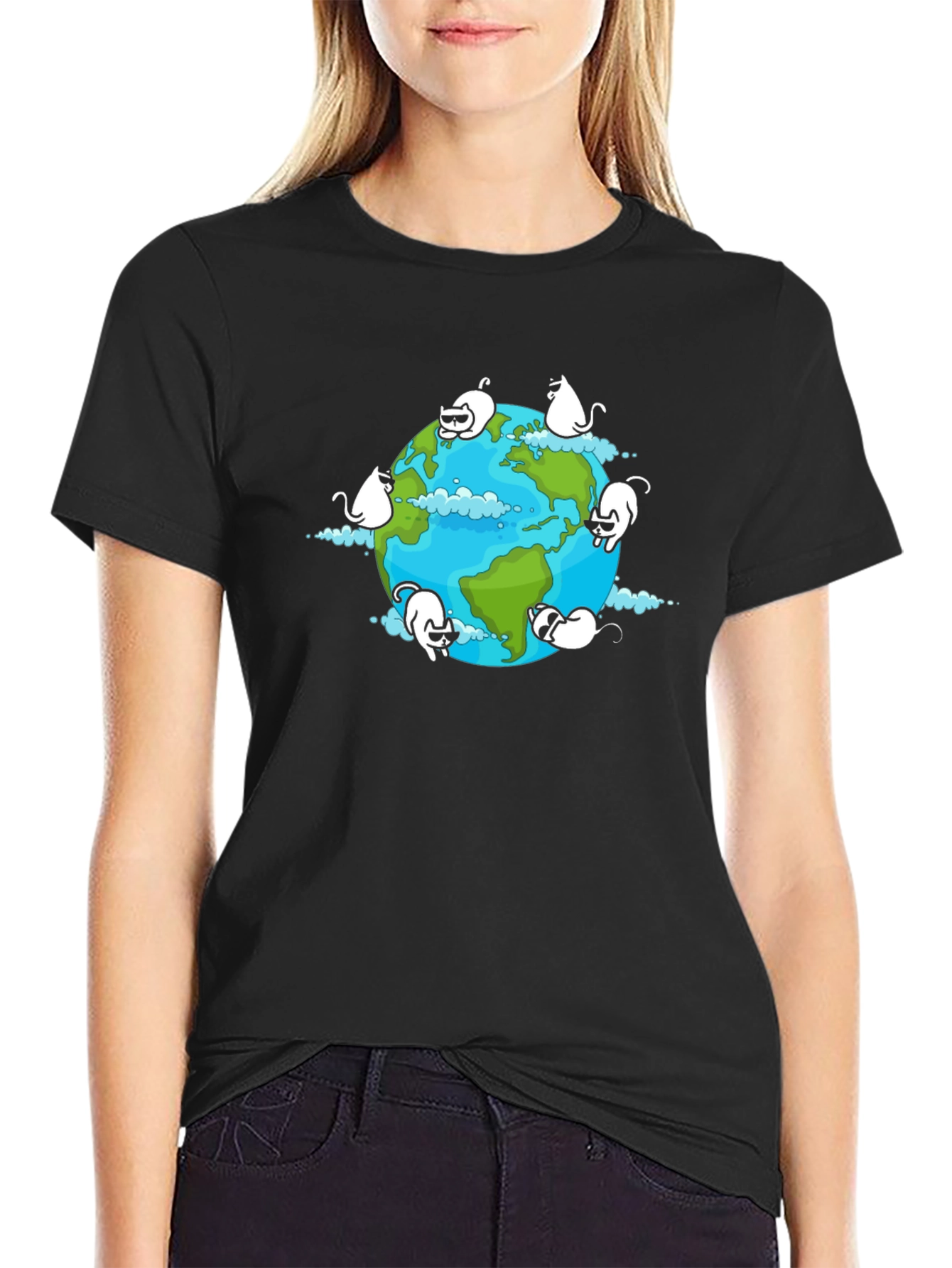 Cat Earth Graphic Black T-Shirt