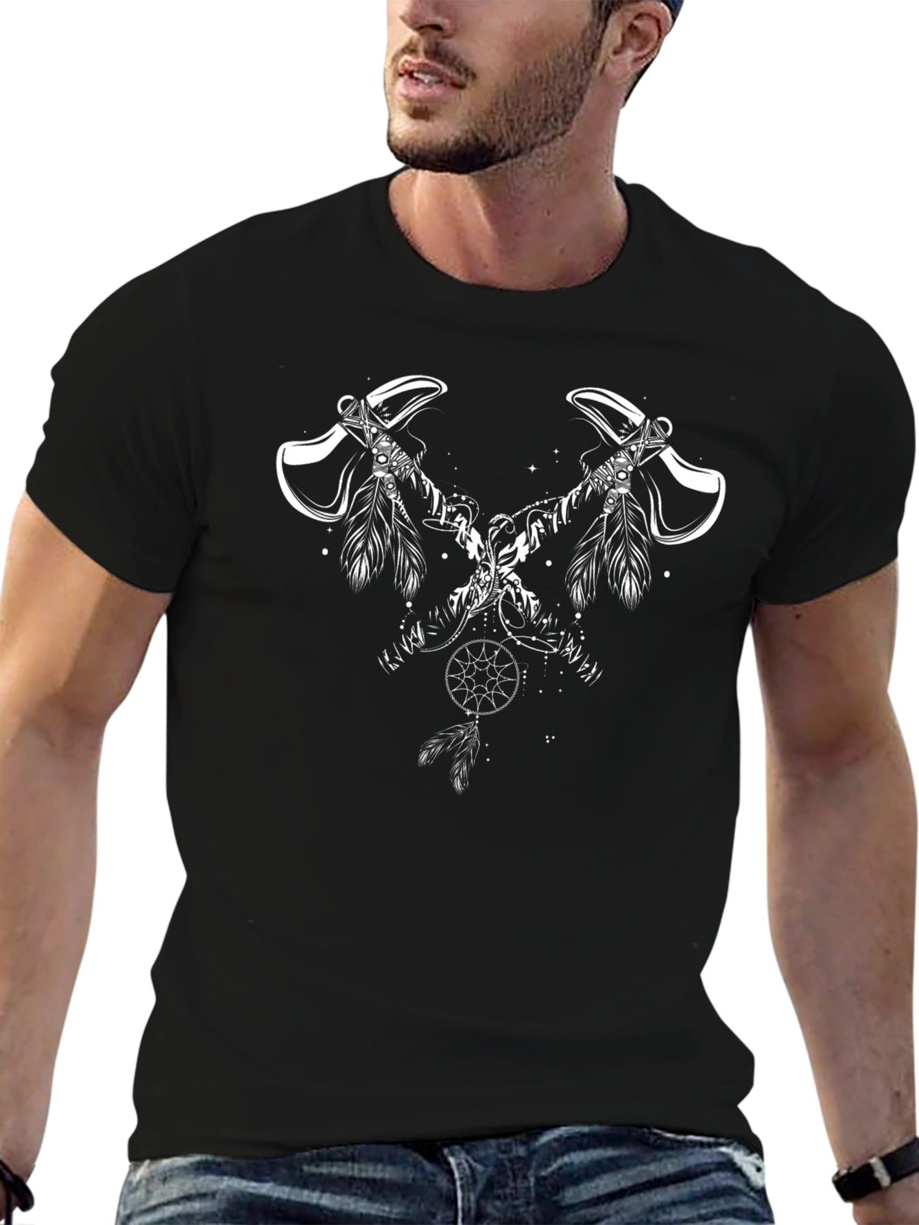 Black T-Shirt with Axes and Dreamcatcher Design