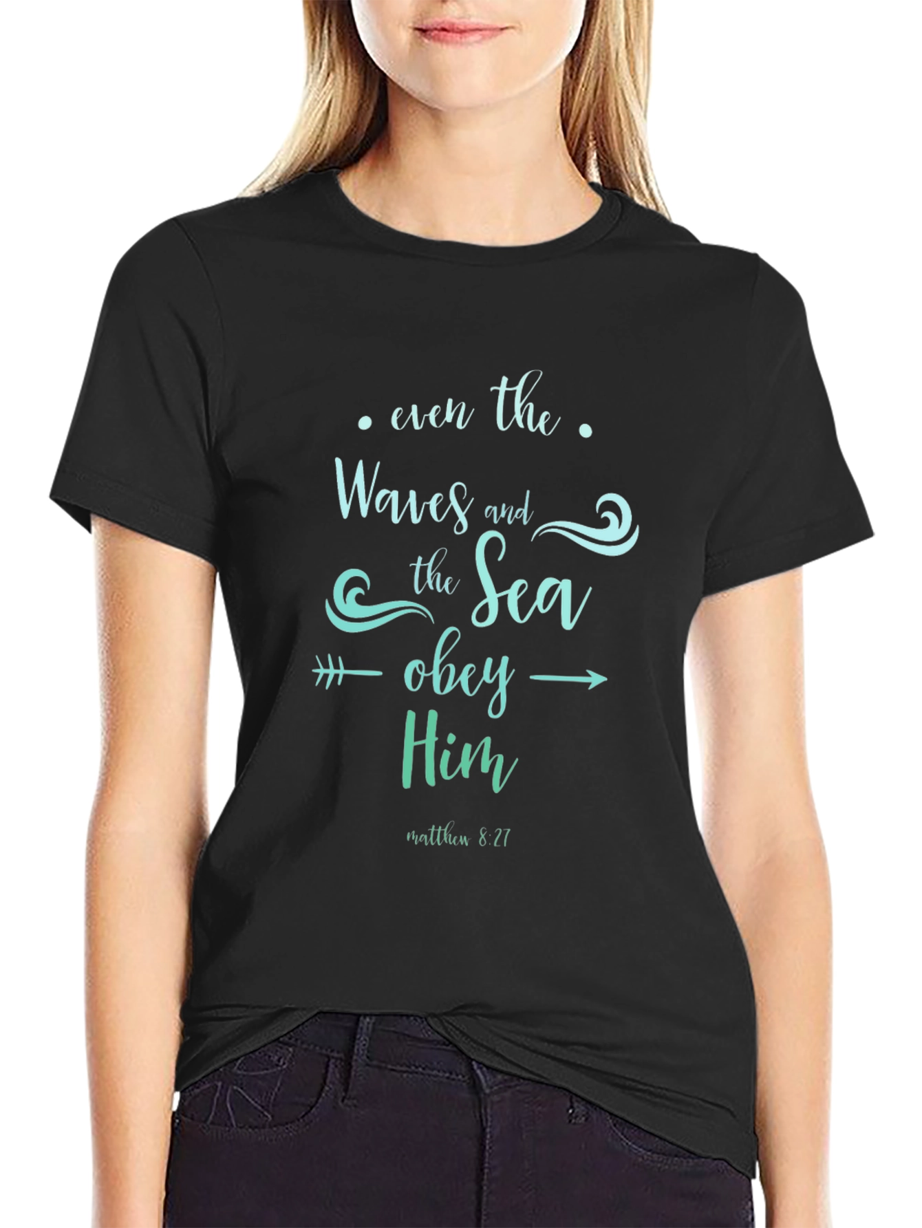 Christian Waves and Sea Obey Him Black T-Shirt