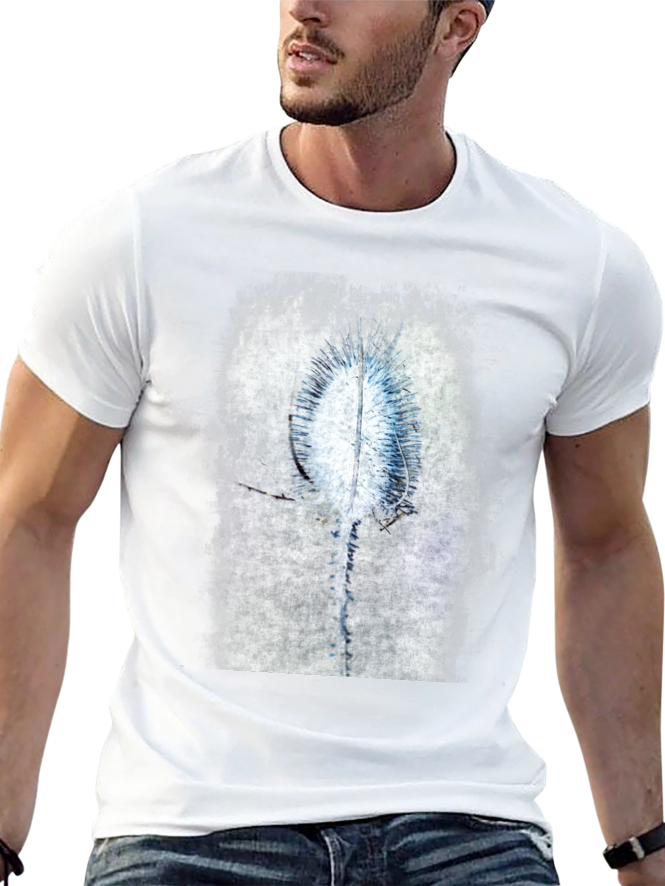 Abstract Blue Flower Graphic Black T-Shirt