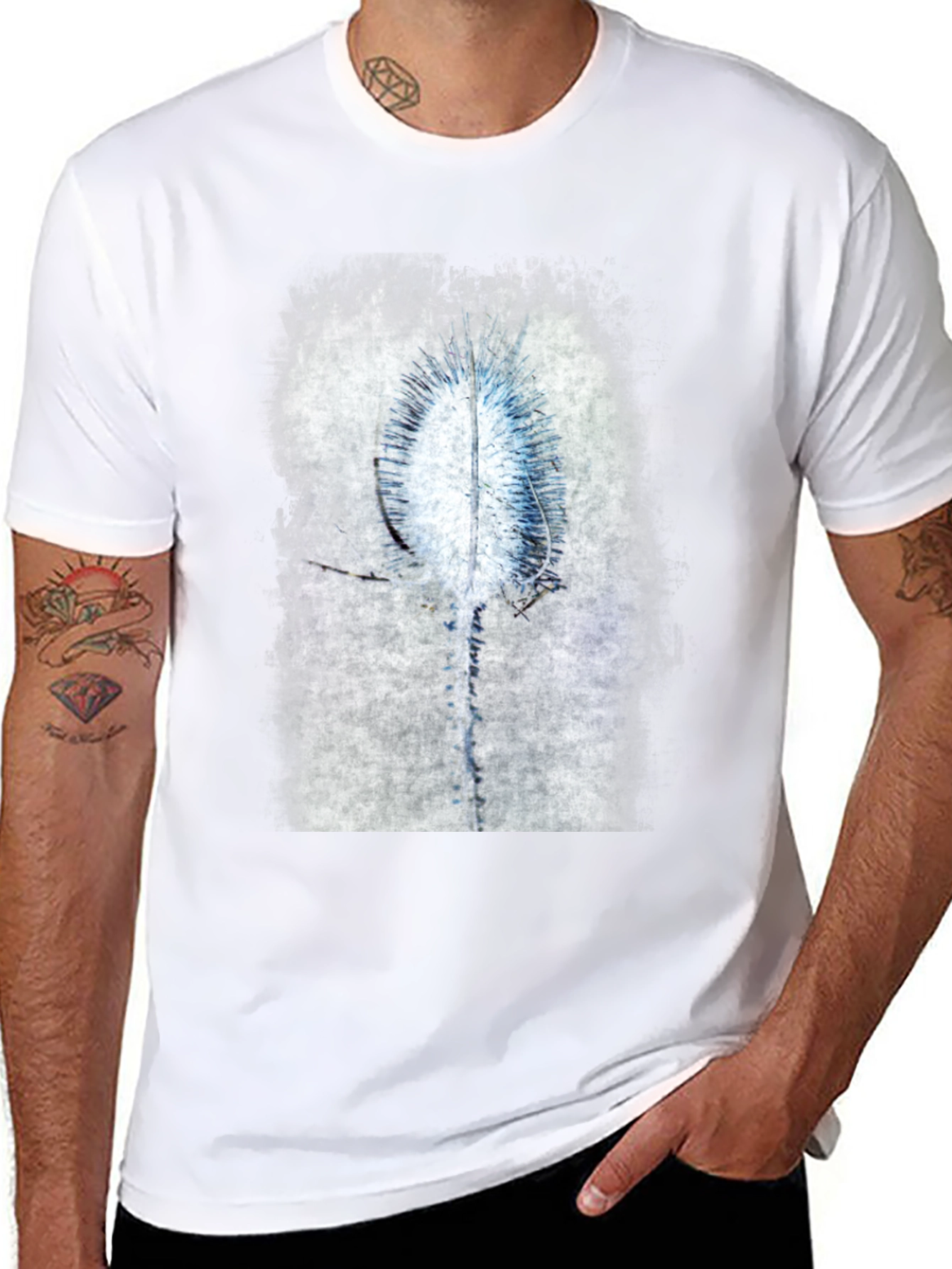 Abstract Blue Flower Graphic Black T-Shirt