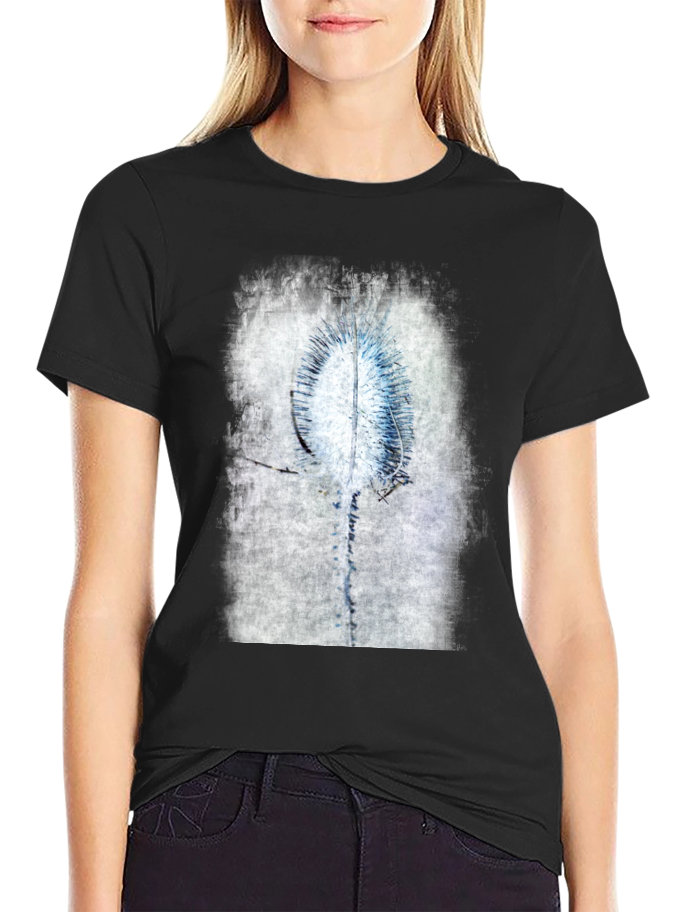 Abstract Blue Flower Graphic Black T-Shirt