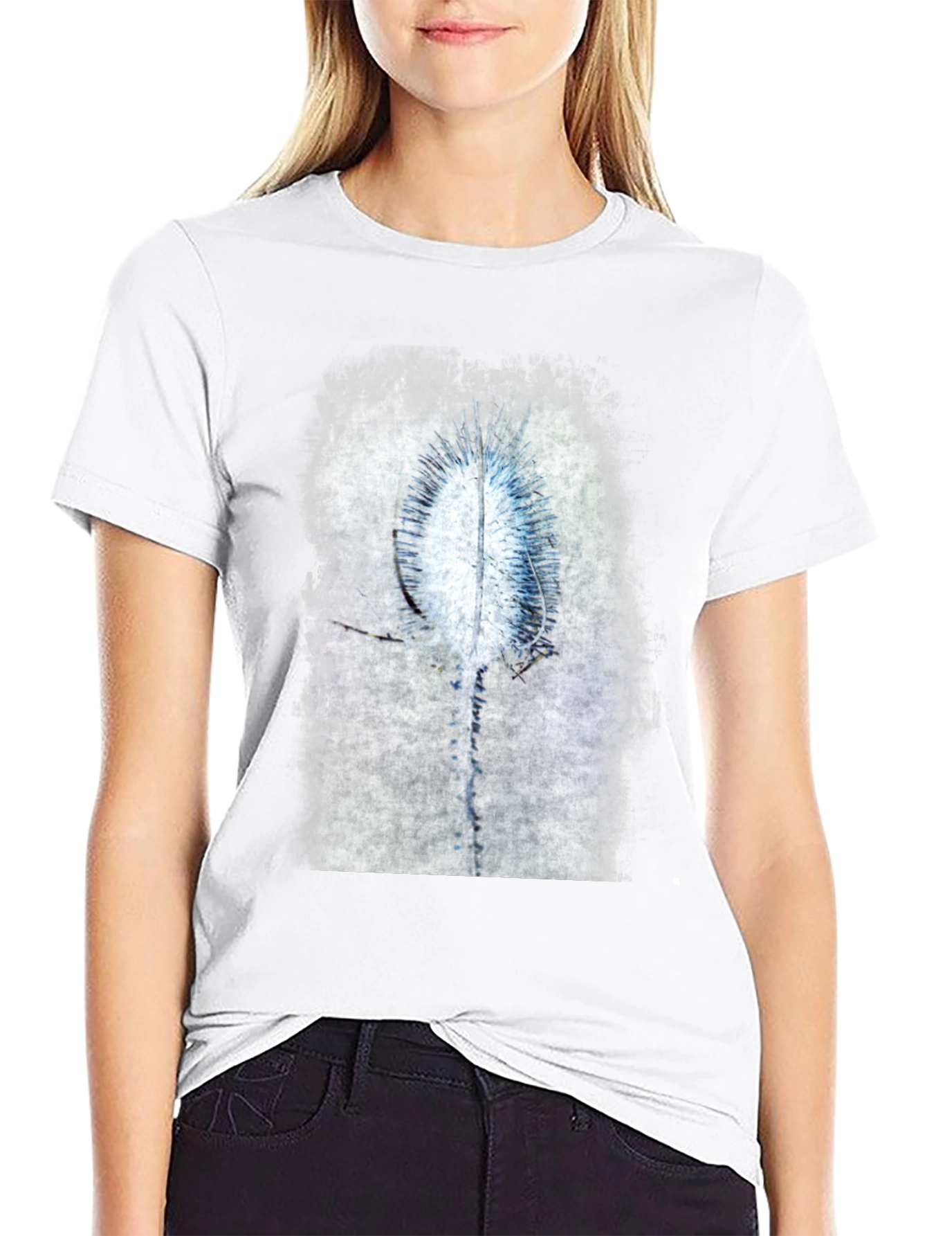 Abstract Blue Flower Graphic Black T-Shirt