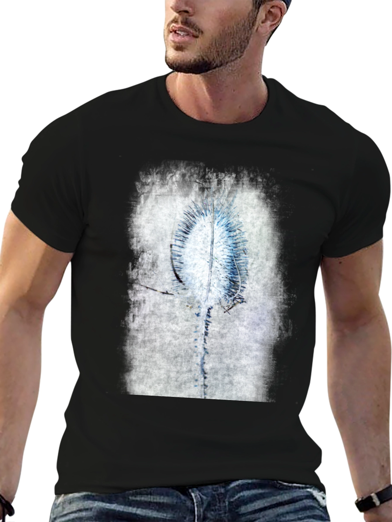 Abstract Blue Flower Graphic Black T-Shirt