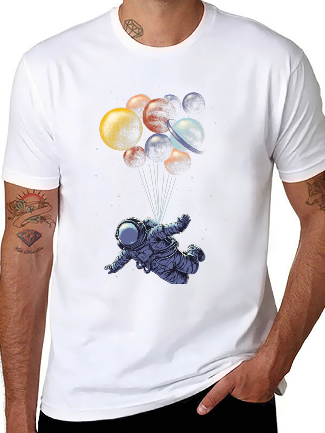 Astronaut in Space T-Shirt - Planet Balloons Graphic Tee