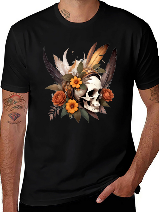 Skull & Floral Graphic Black T-Shirt
