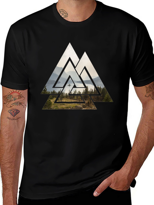 Geometric Landscape Graphic Tee - Black Cotton Blend