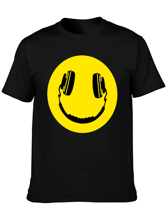 Smiley Face Headphones Black T-Shirt