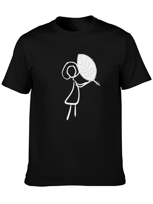 Leaf Stick Figure Graphic Tee - Casual Black T-Shirt