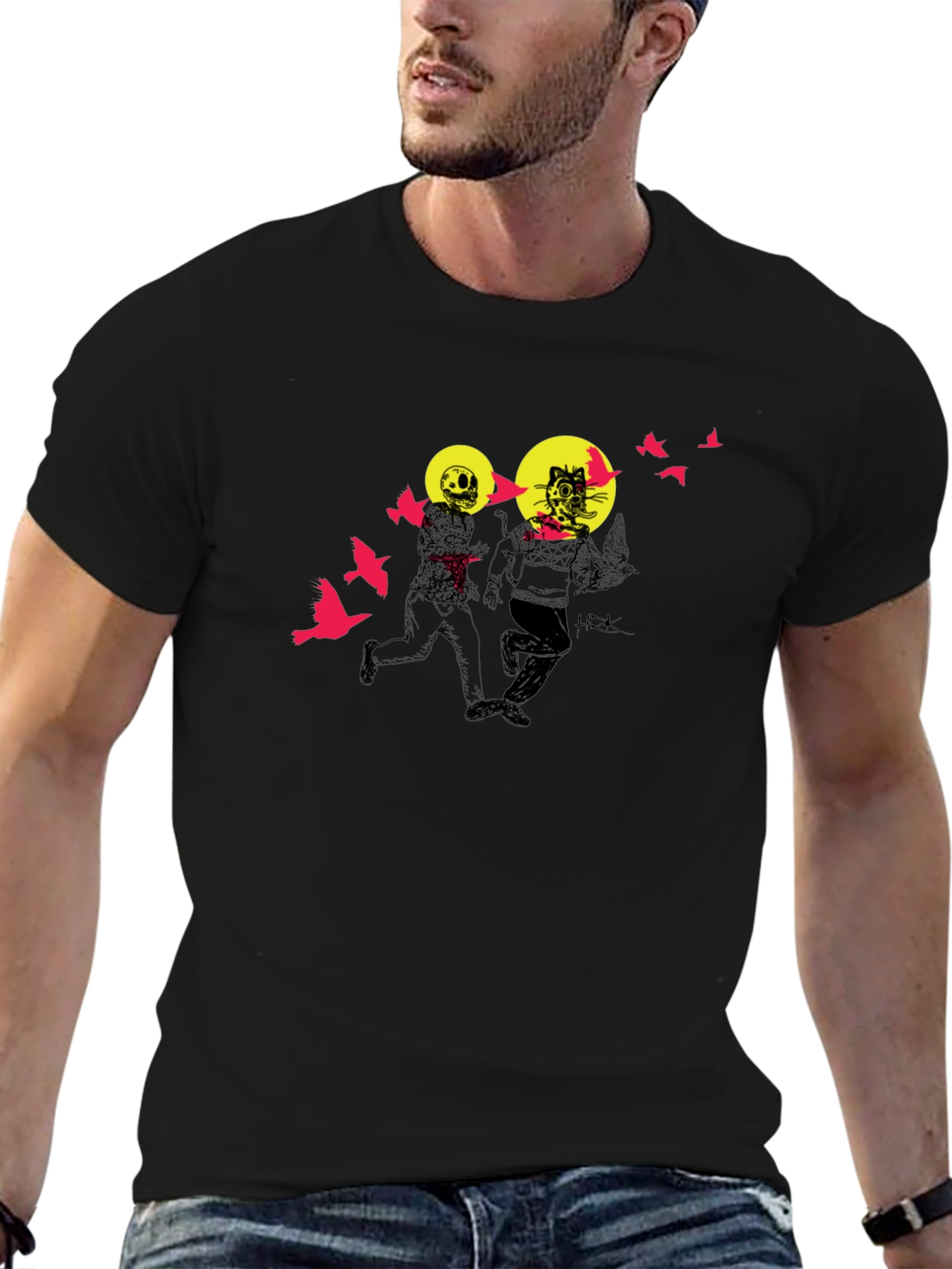 Graphic Print Black Crewneck T-Shirt