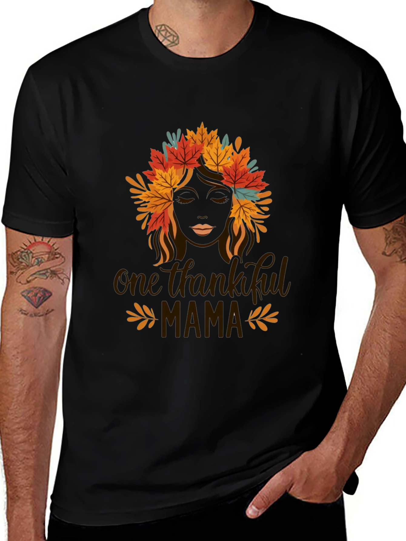 Thankful Mama Black T-Shirt with Fall Leaf Design