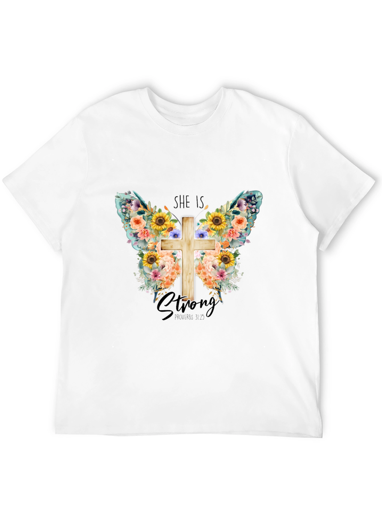 She is Strong Floral Butterfly Cross T-Shirt