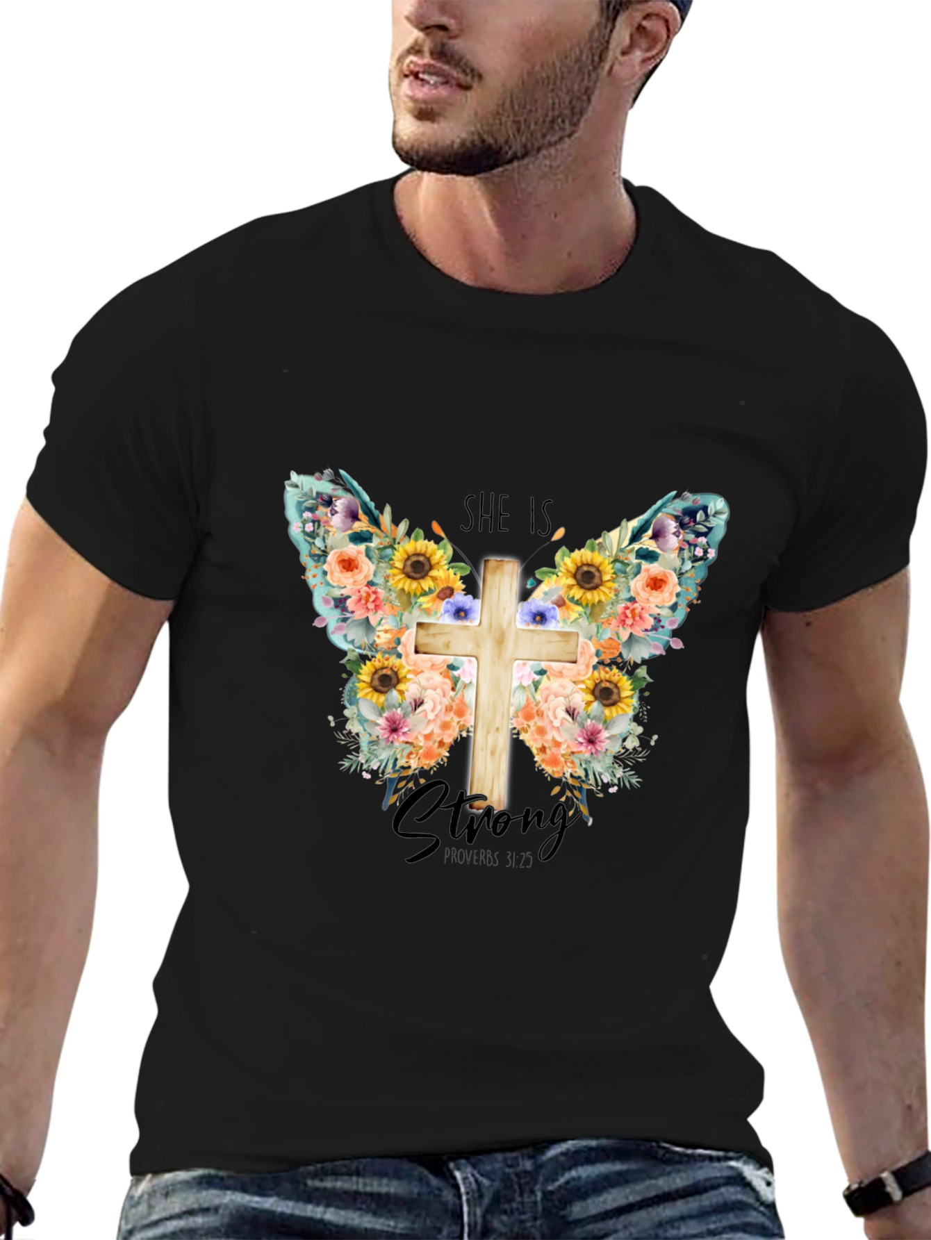 She is Strong Floral Butterfly Cross T-Shirt