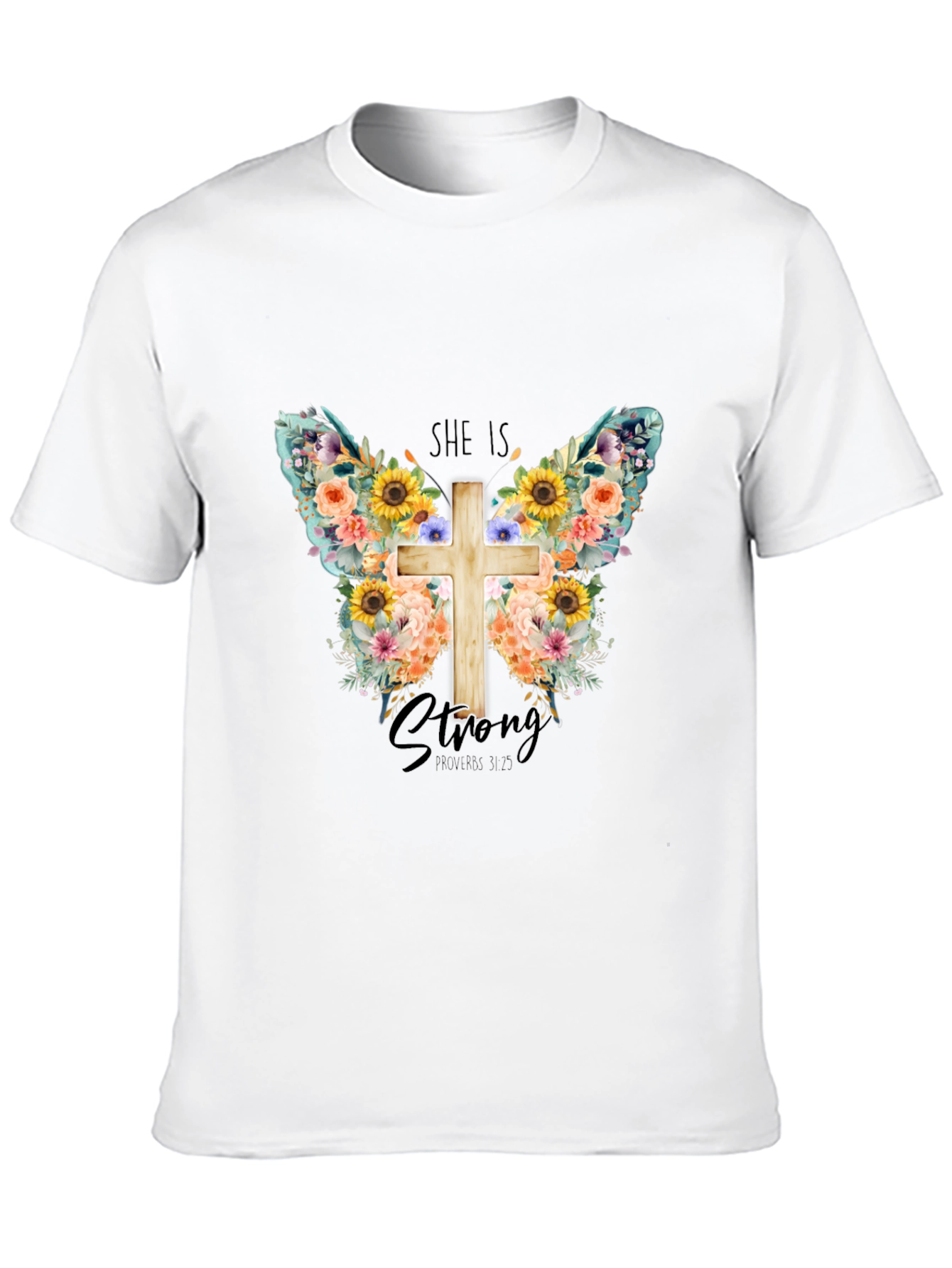She is Strong Floral Butterfly Cross T-Shirt