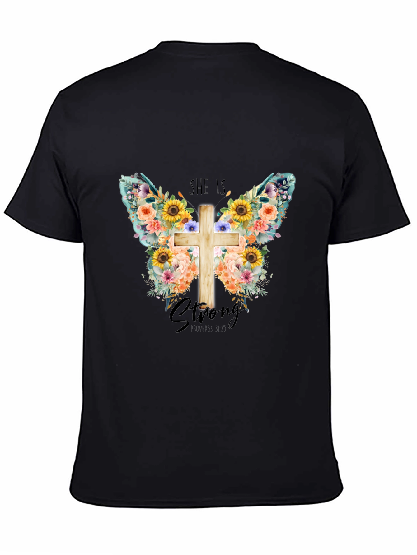 She is Strong Floral Butterfly Cross T-Shirt
