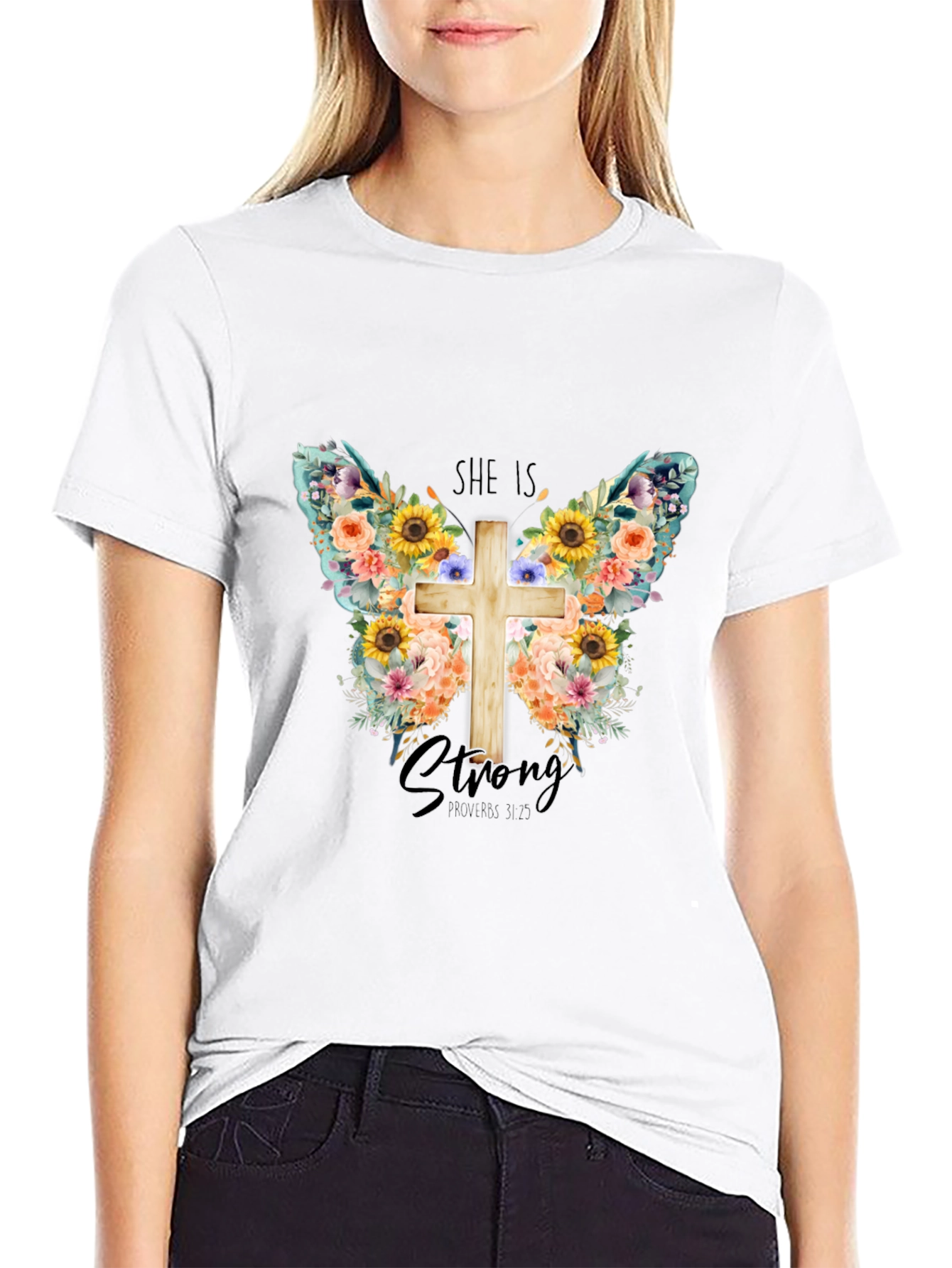 She is Strong Floral Butterfly Cross T-Shirt