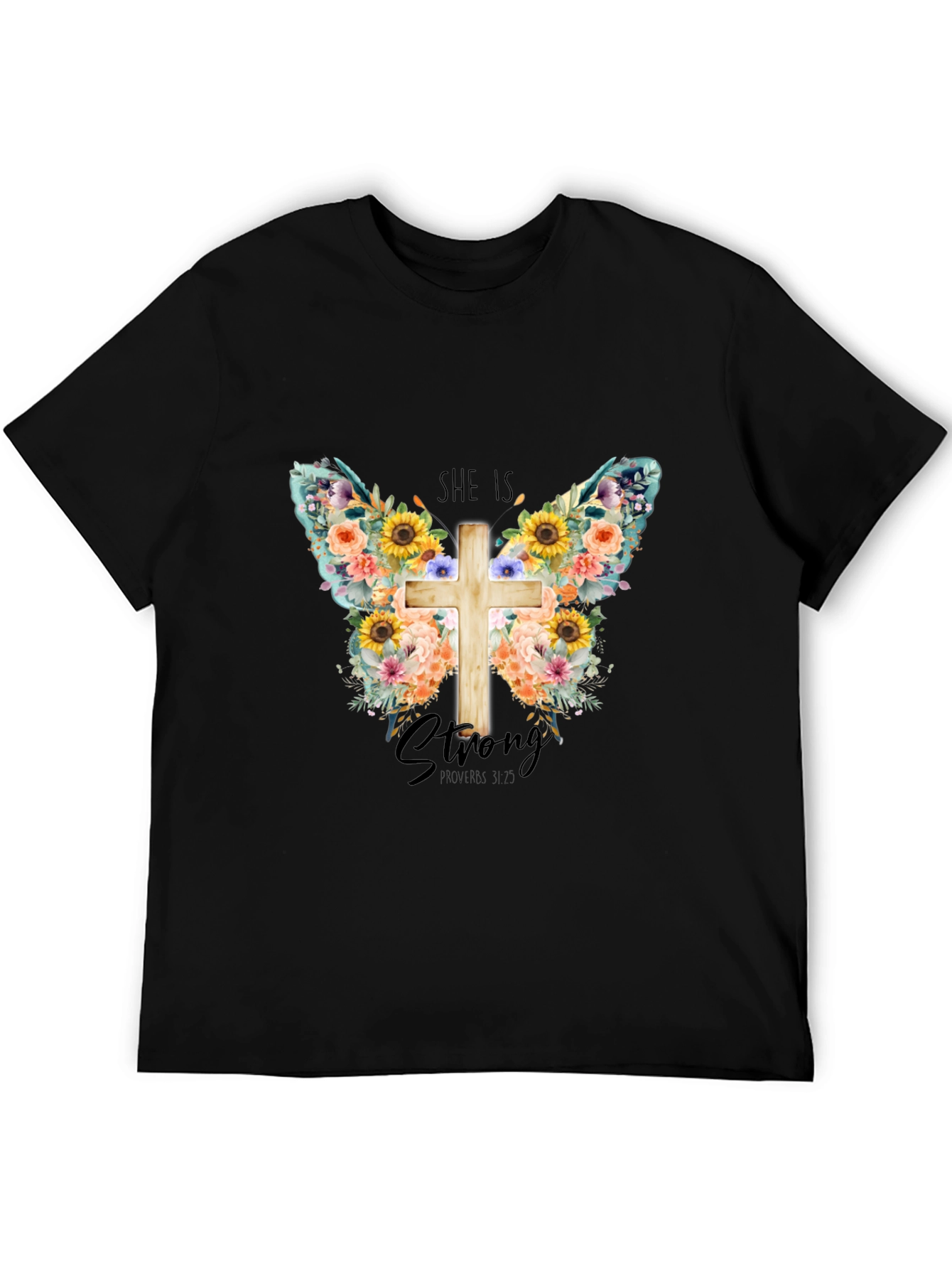She is Strong Floral Butterfly Cross T-Shirt