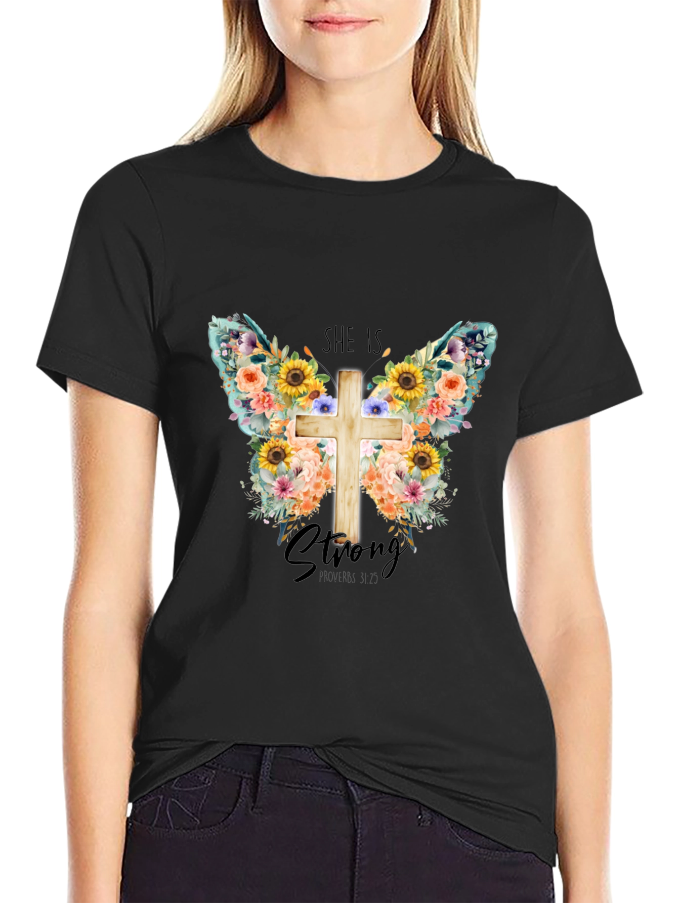 She is Strong Floral Butterfly Cross T-Shirt