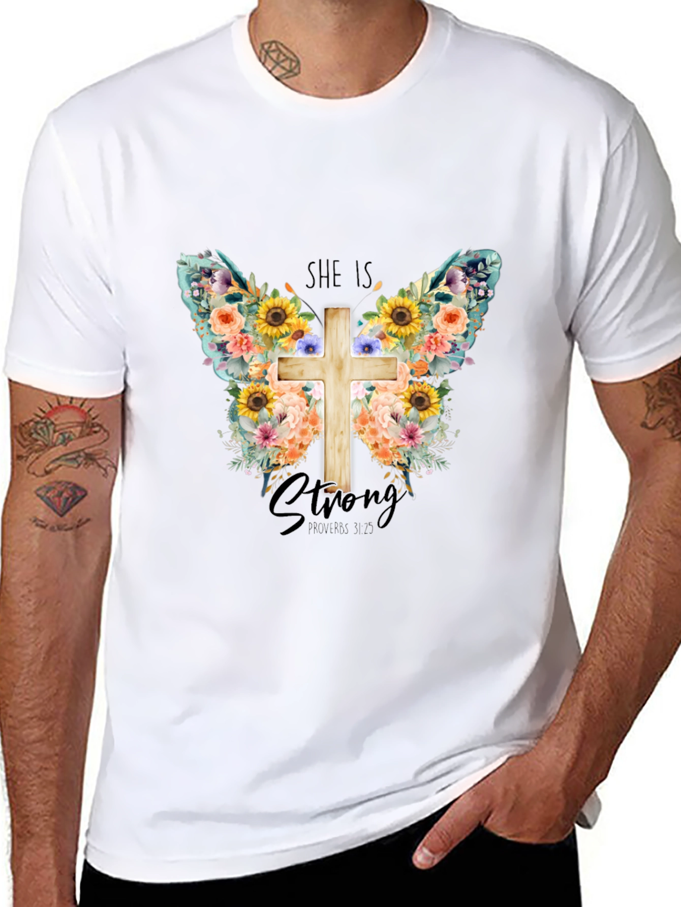 She is Strong Floral Butterfly Cross T-Shirt