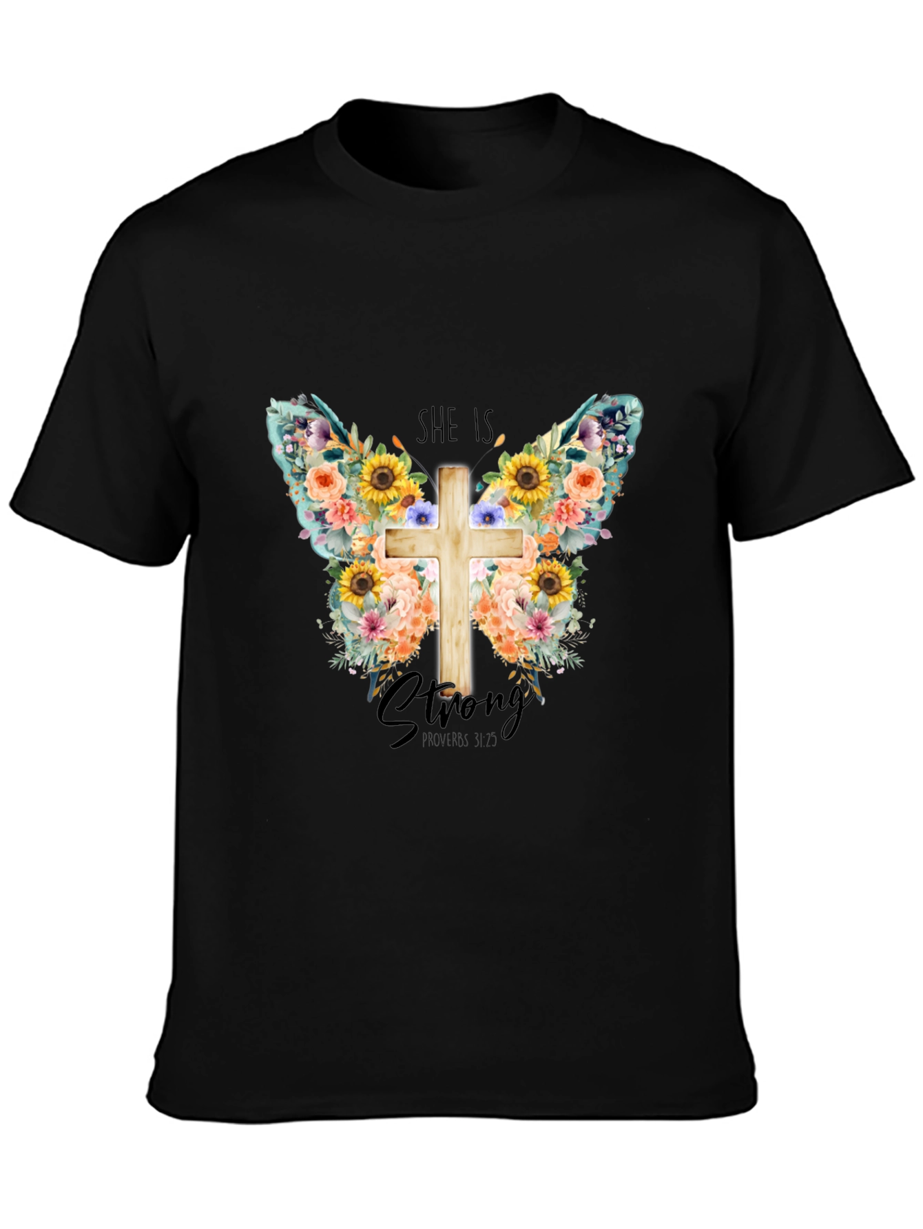 She is Strong Floral Butterfly Cross T-Shirt